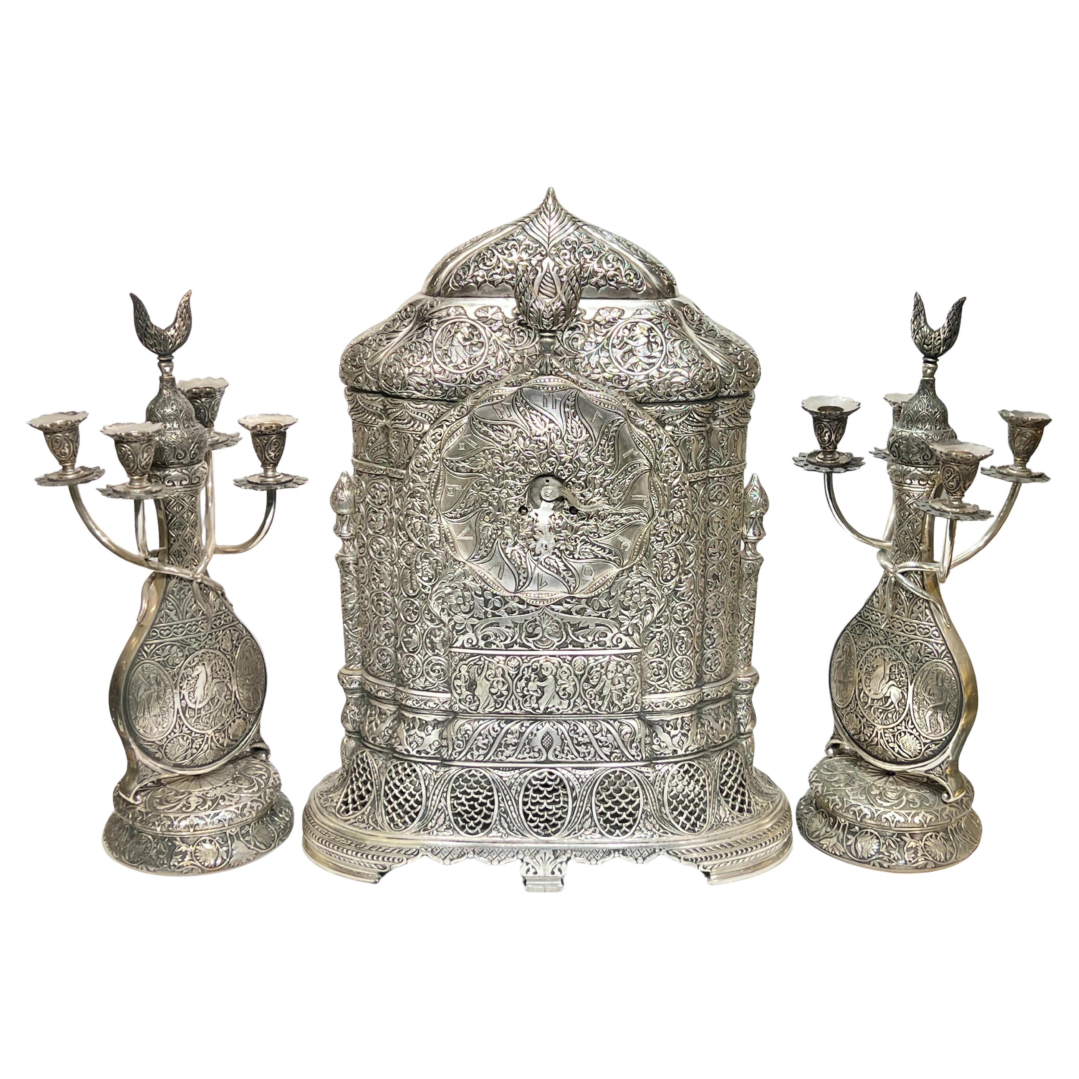 Fine 19th Century French Orientalist Silvered Bronze Mantel Clock and Candelabra For Sale