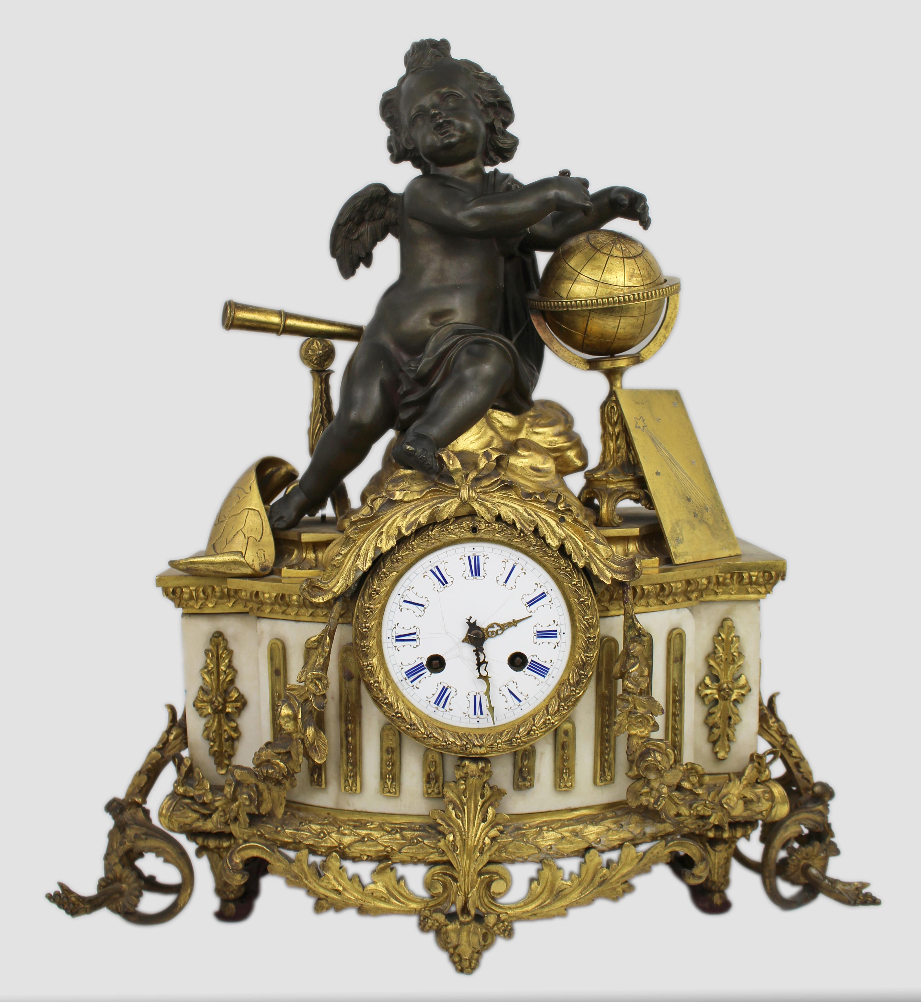 Fine 19th Century French Ormolu and Bronze Mantel Clock with Marble Case
A finely cast French mantel clock dating to the third quarter of the 19th century, in the Louis XVI revival style. The white marble case is richly embellished with gilt bronze