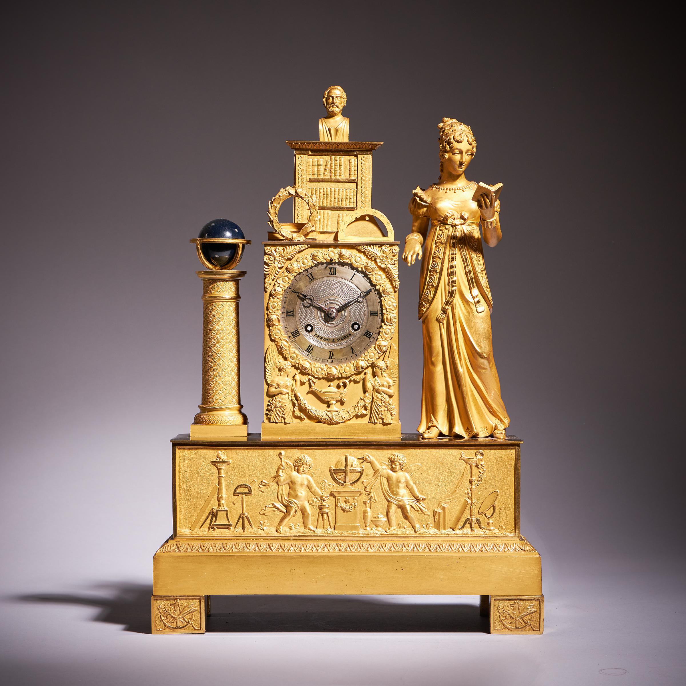 A most beautiful French ornolu mantel clock by Leroy à Paris

A lovely French late Empire/early Charles X mantel clock with an ormolu case, c. 1825. The ormolu brass case depicts a celebration of Science and Learning. It is dominated by a