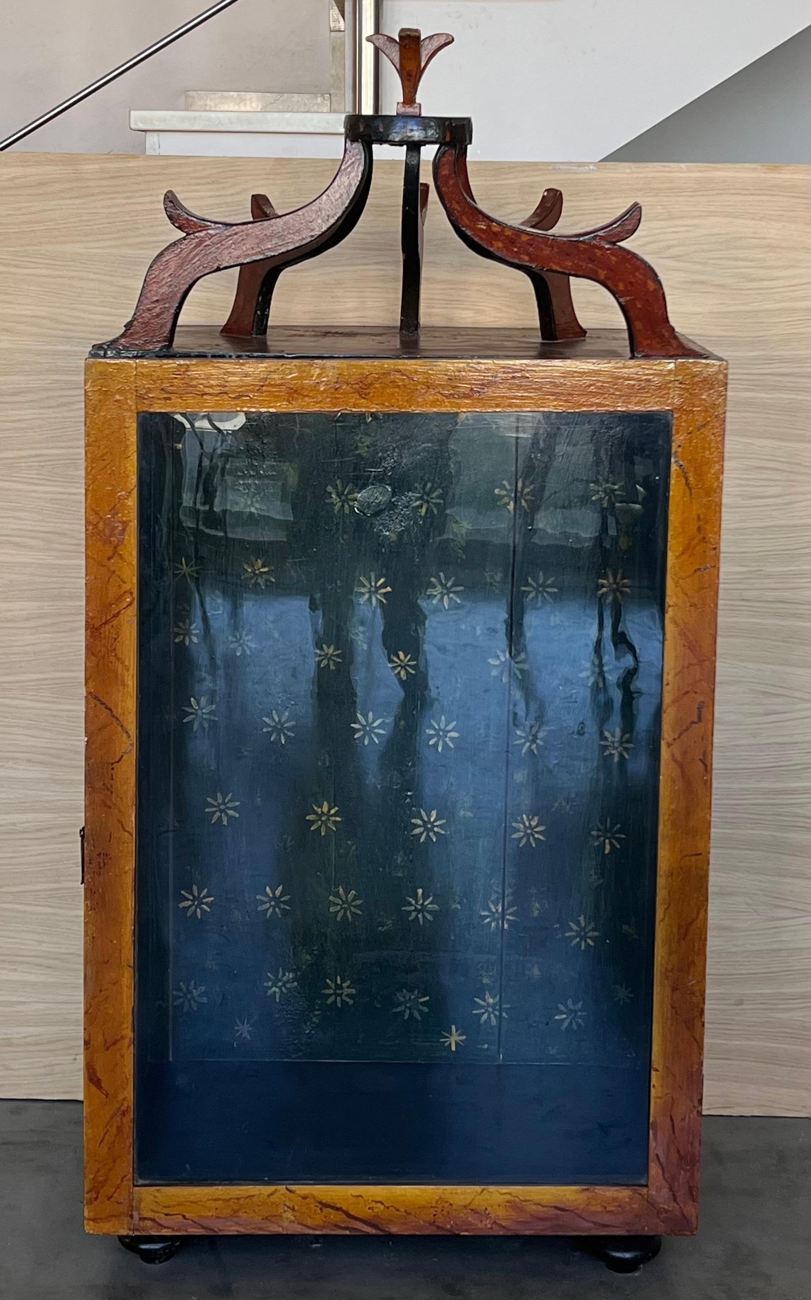 Nicely walnut religious vitrine with painted accents and dome top. Interior is painted in green, used as a tabernacle in a church or chapel.