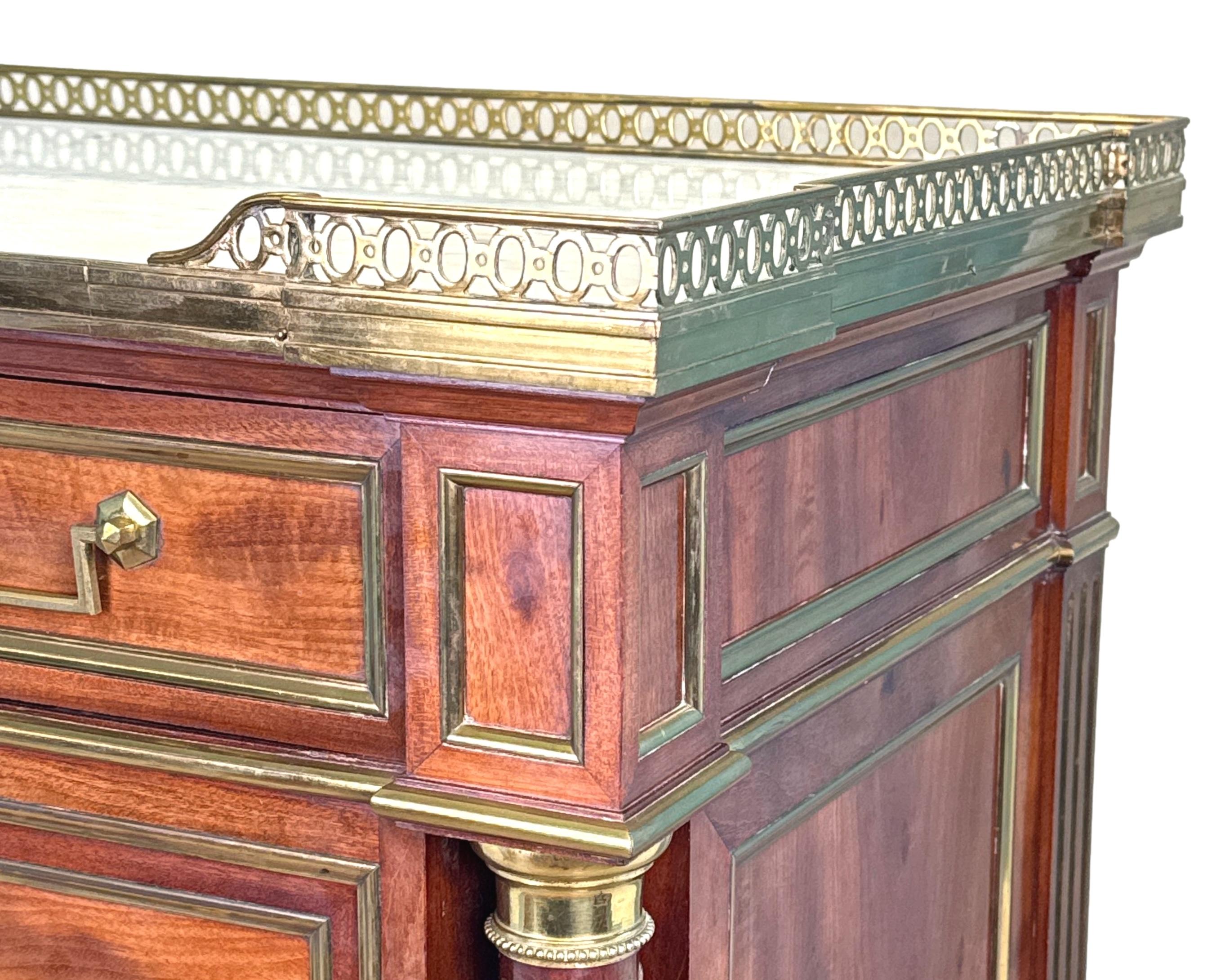 An Exceptional, Exhibition Quality, 19th Century French Napoleon III Period Mahogany And Brass Secretaire Abbatant, Having Original Veined Marble Top With Attractive Pierced Brass Gallery, Over Various Drawers With Brass Moulded Decoration And