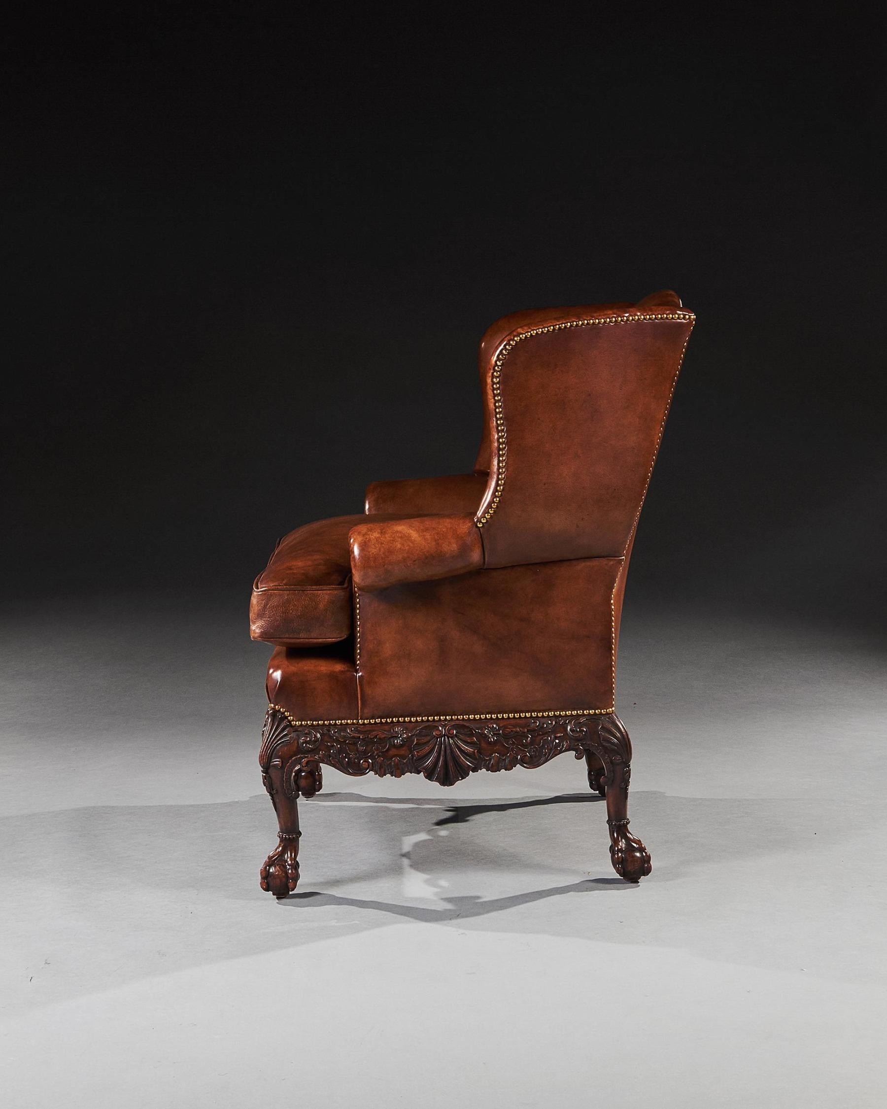 Giorgio II Raffinata poltrona Wingback imbottita in pelle di mogano del XIX secolo in stile George I in vendita