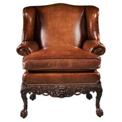 Fine 19th Century Mahogany Leather Upholstered Wingback Armchair in the George I