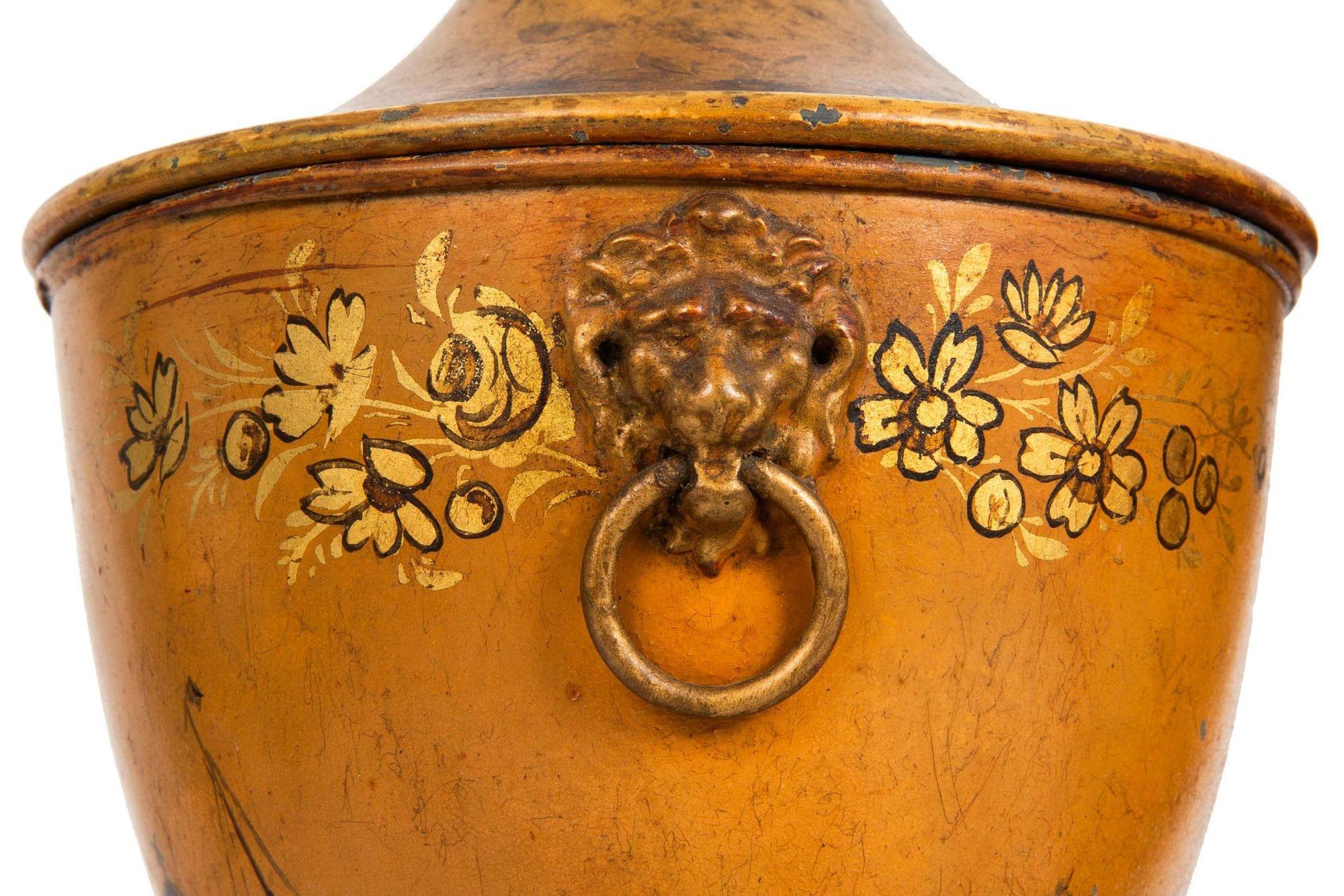 Fine 19th Century Near-Pair of Regency Tole-Painted Chestnut Urns For Sale 11