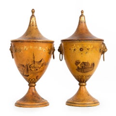 Fine 19th Century Near-Pair of Regency Tole-Painted Chestnut Urns