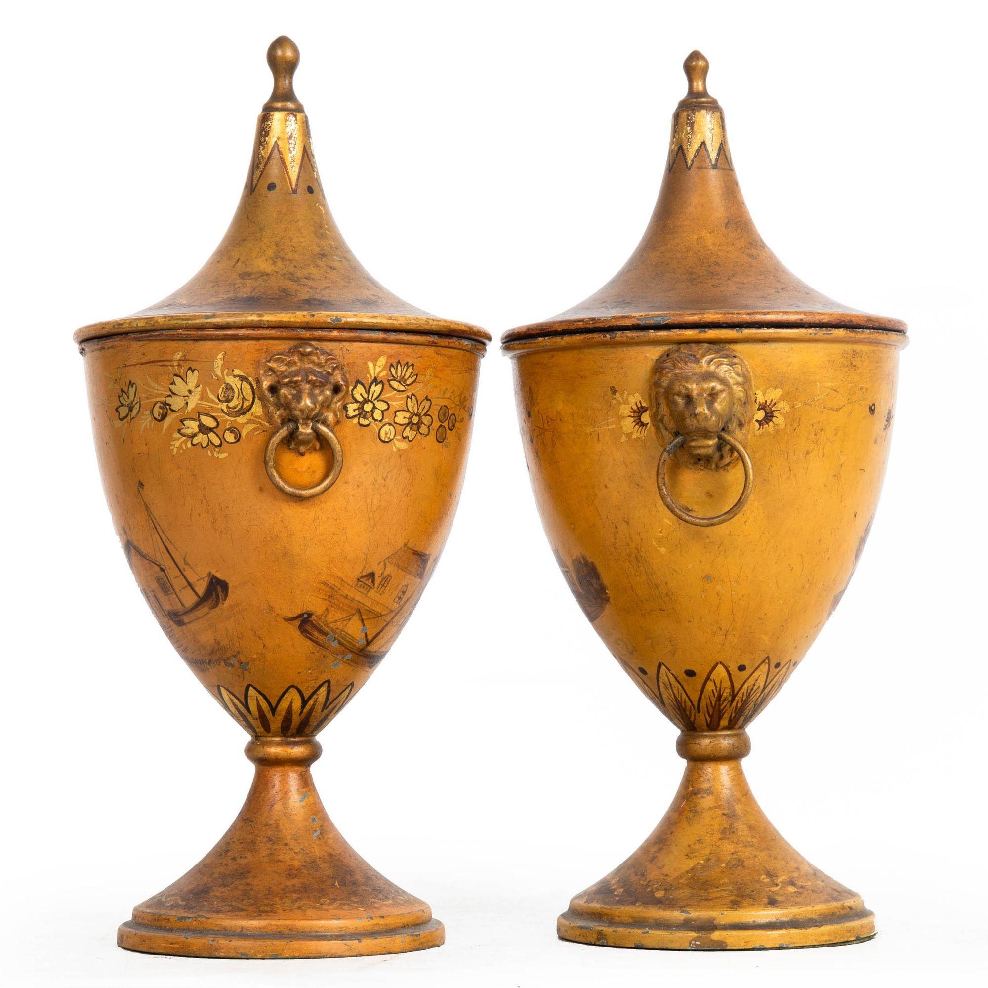European Fine 19th Century Near-Pair of Regency Tole-Painted Chestnut Urns For Sale