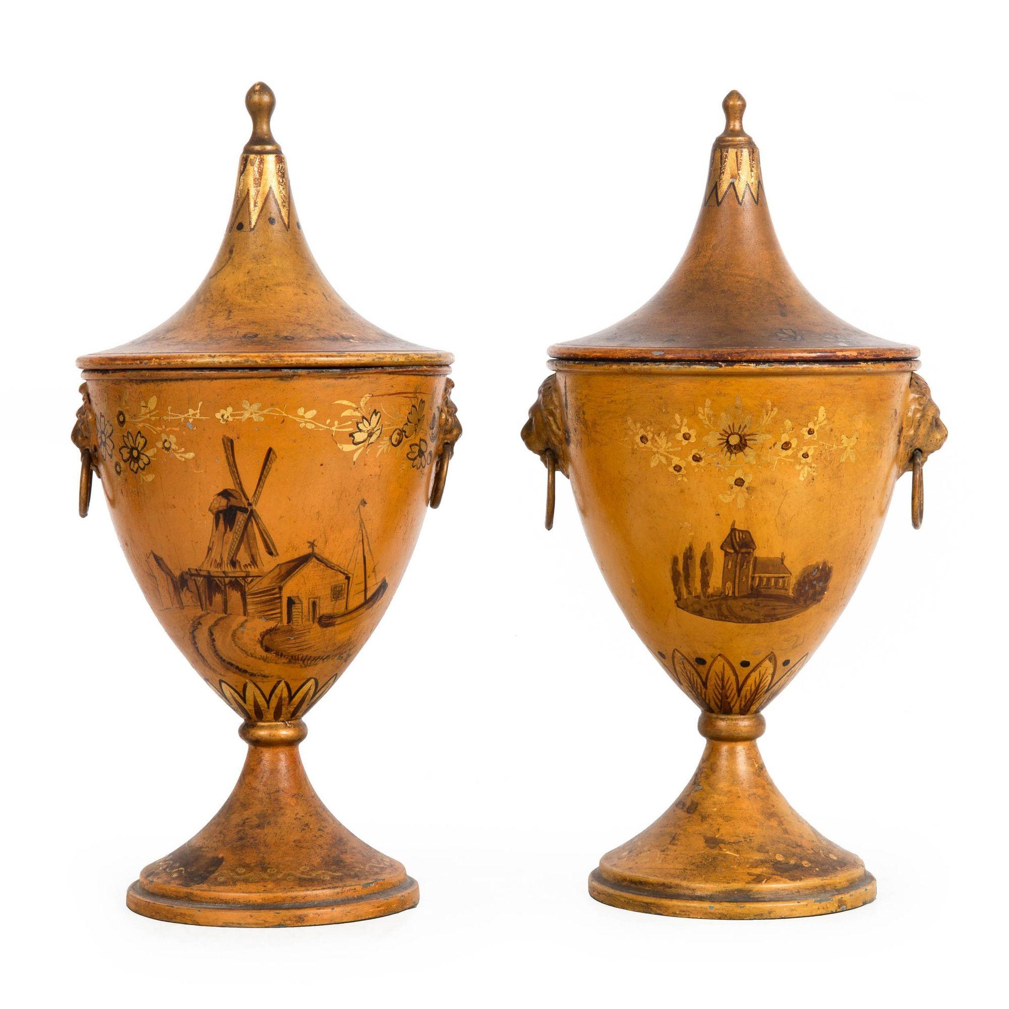 Fine 19th Century Near-Pair of Regency Tole-Painted Chestnut Urns In Good Condition For Sale In Shippensburg, PA