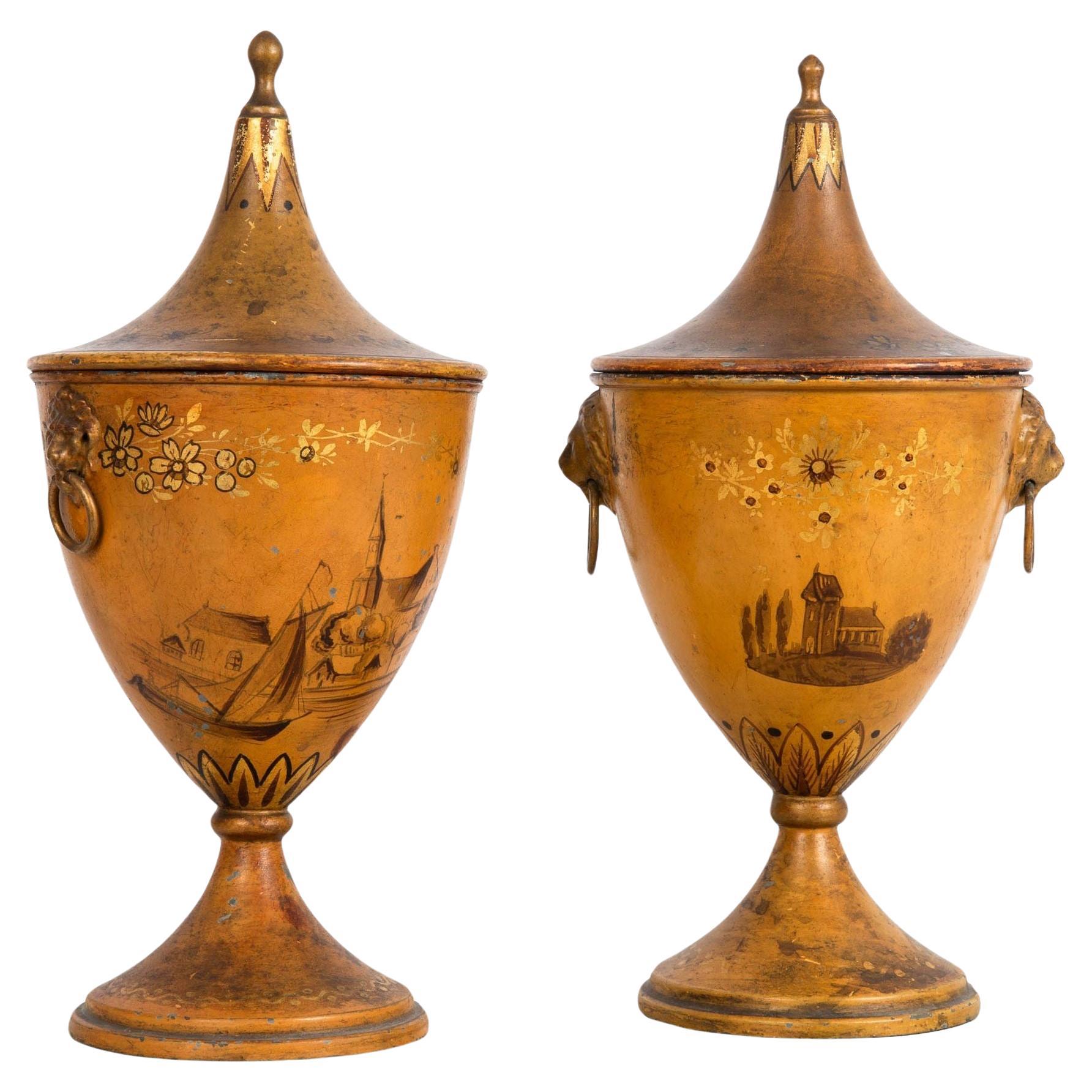 Fine 19th Century Near-Pair of Regency Tole-Painted Chestnut Urns For Sale