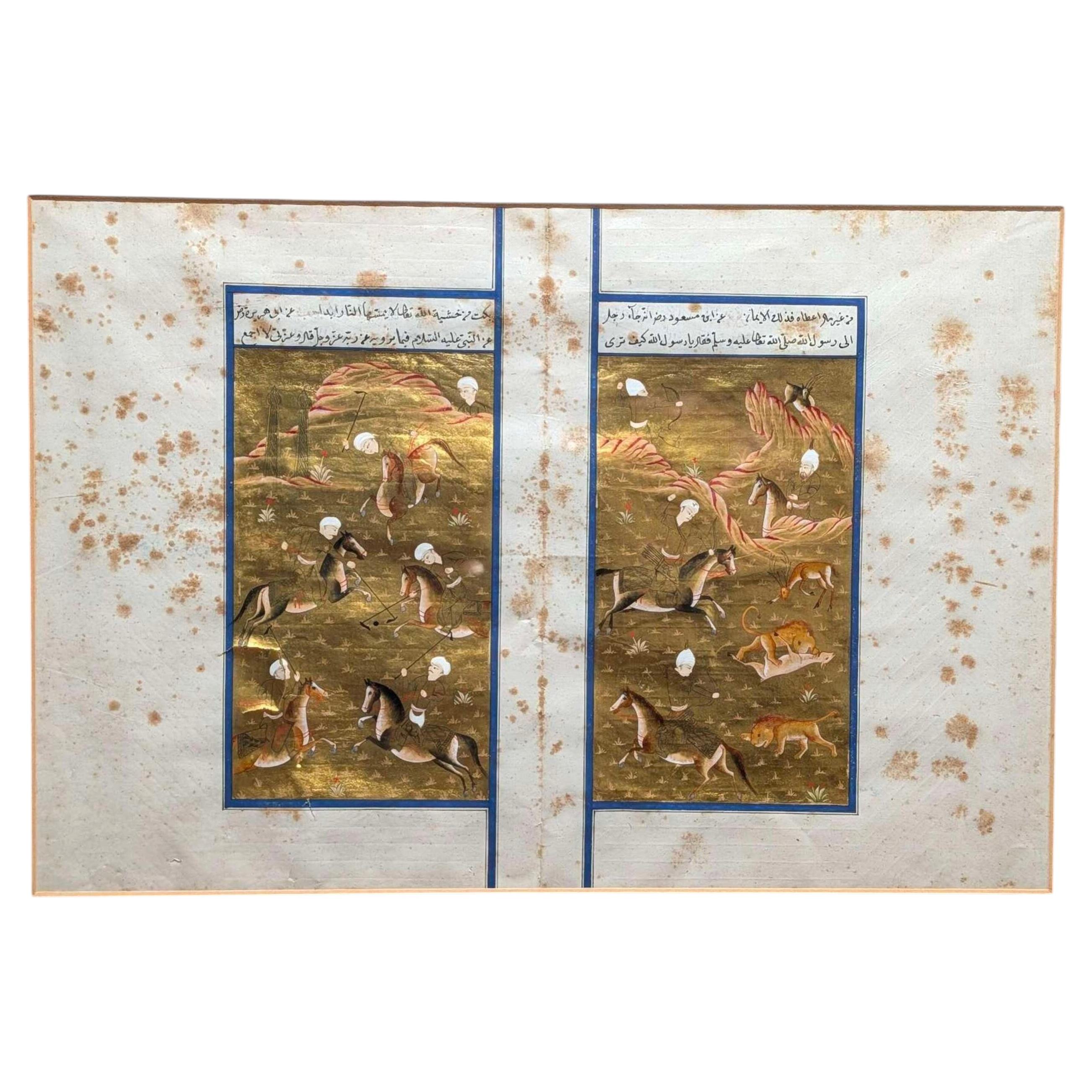 Fine 19th Century Pair of Qajar Manuscript Leaves with Polo and Hunting Imagery