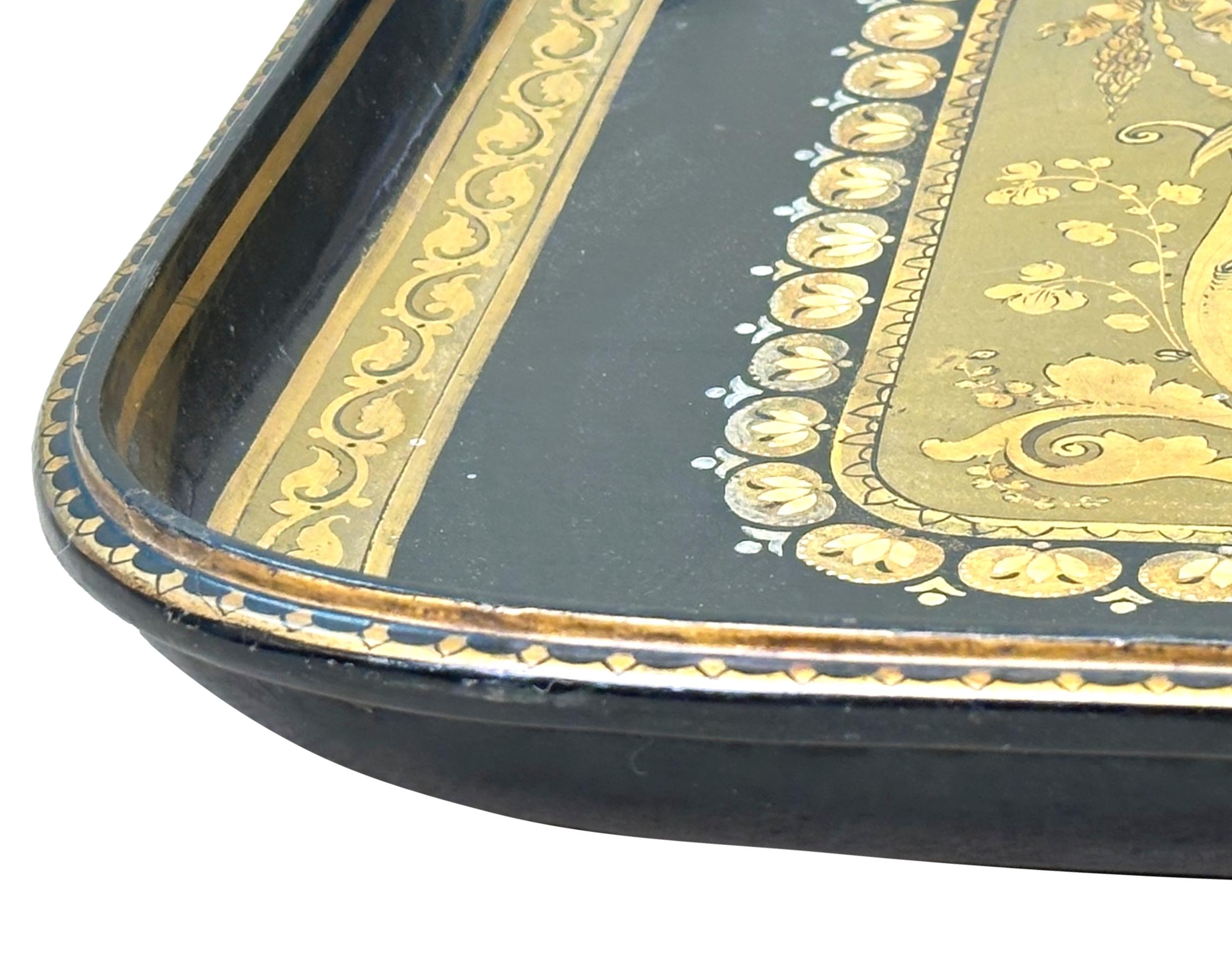 A Superb Quality Mid 19th Century Papier Mache Tray, Of Rectangular Form With Exceptional Hand Painted And Gilded Decoration To Black And Green Ground Background.


Stamped 