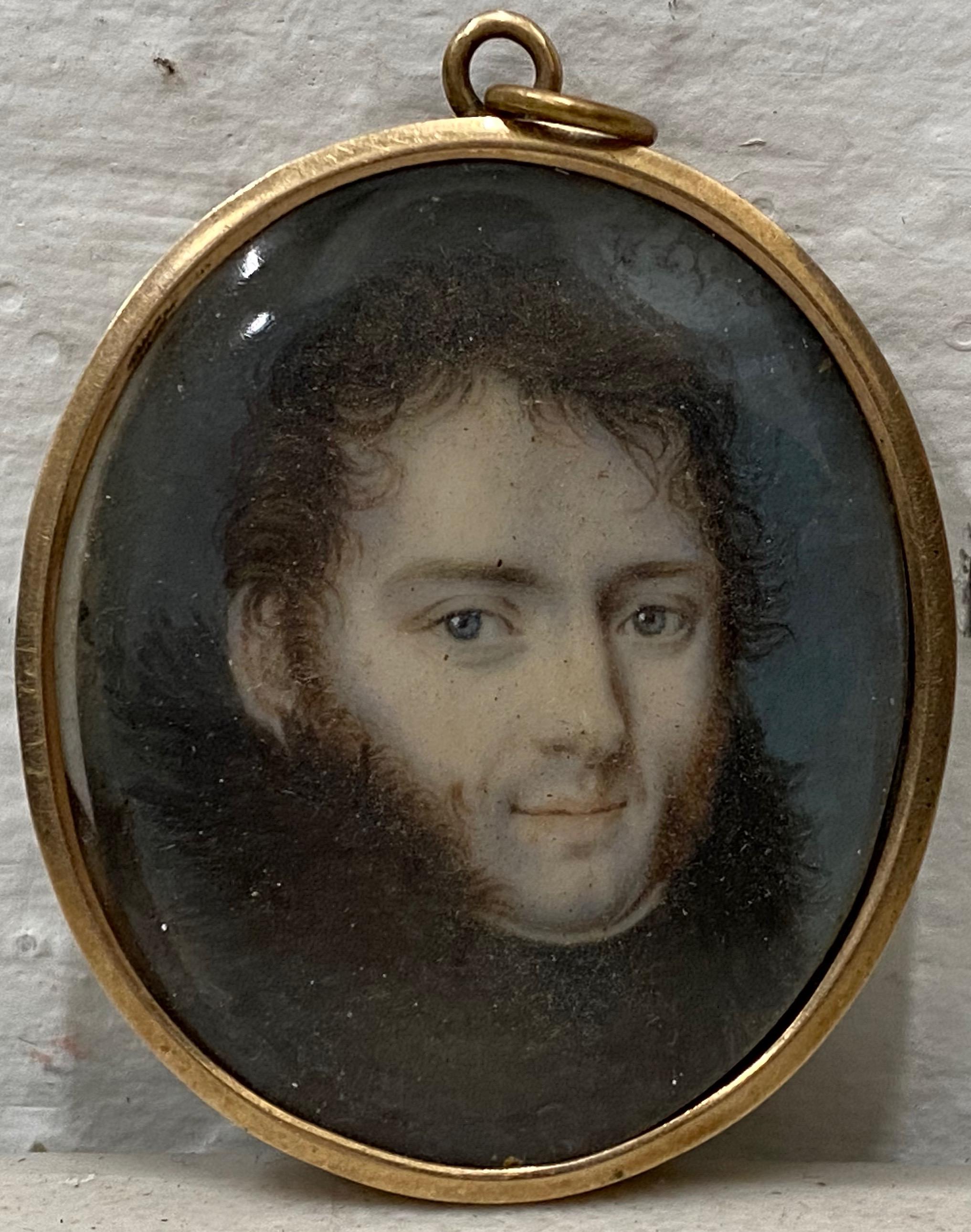 European 19th Century Portrait Miniature of a Young Man with Fur Collar