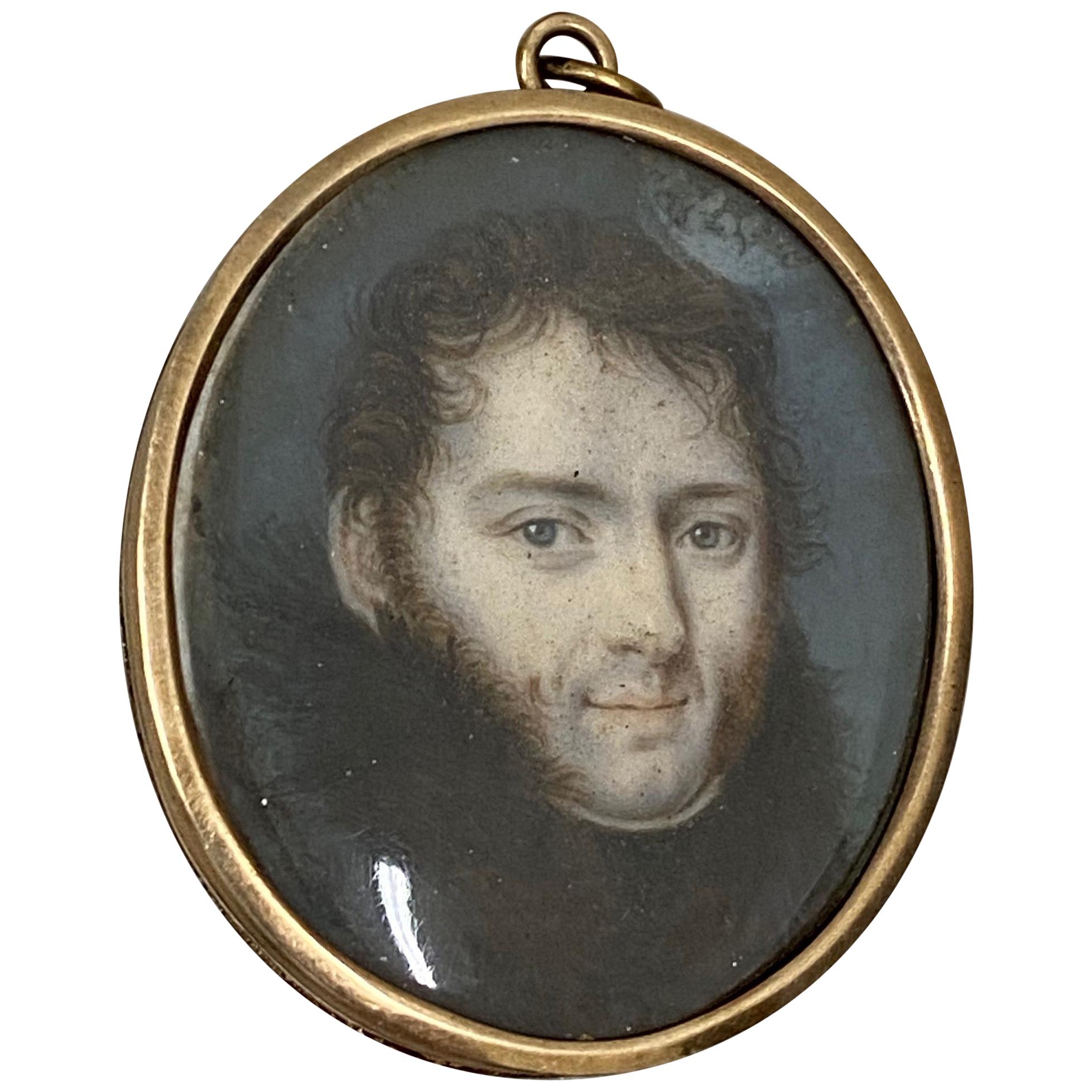 19th Century Portrait Miniature of a Young Man with Fur Collar