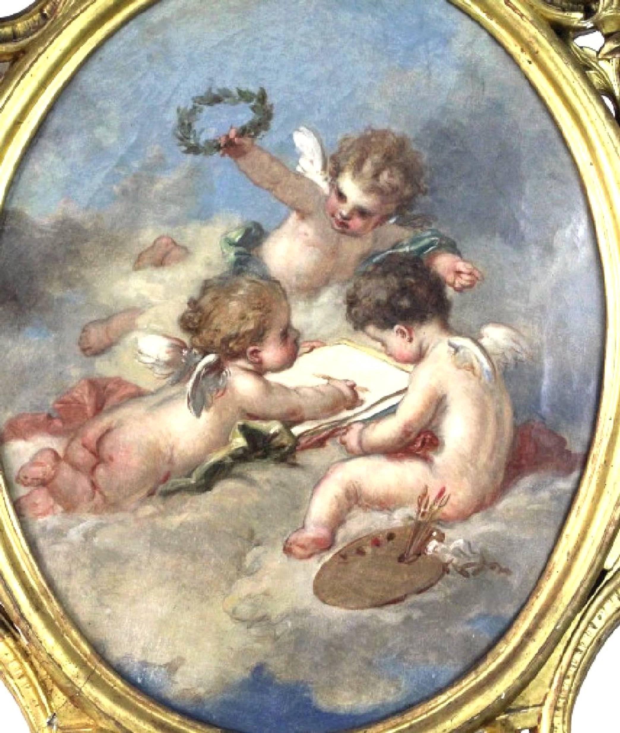 19th century Putti Allegory of the Arts
after Francois Boucher (1703-1770).
Complete with period carved giltwood Rococo frame
Measures: 25.5