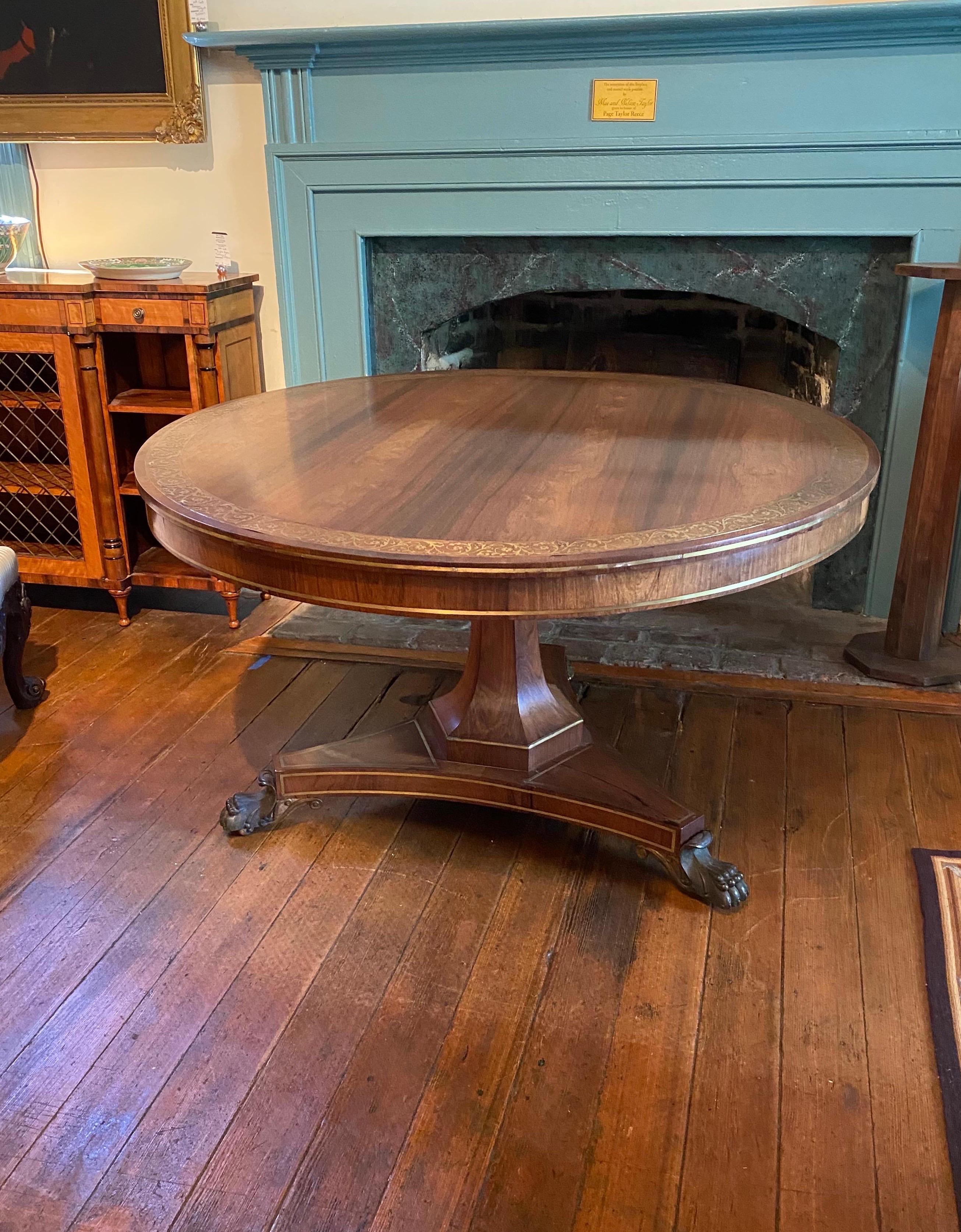 Fine 19th Century Regency Brass Inlaid Rosewood Center Table with Bronze Feet In Good Condition For Sale In Charleston, SC