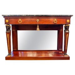 Raffinata console Regency del XIX secolo in mogano e bronzo patinato con piano in marmo