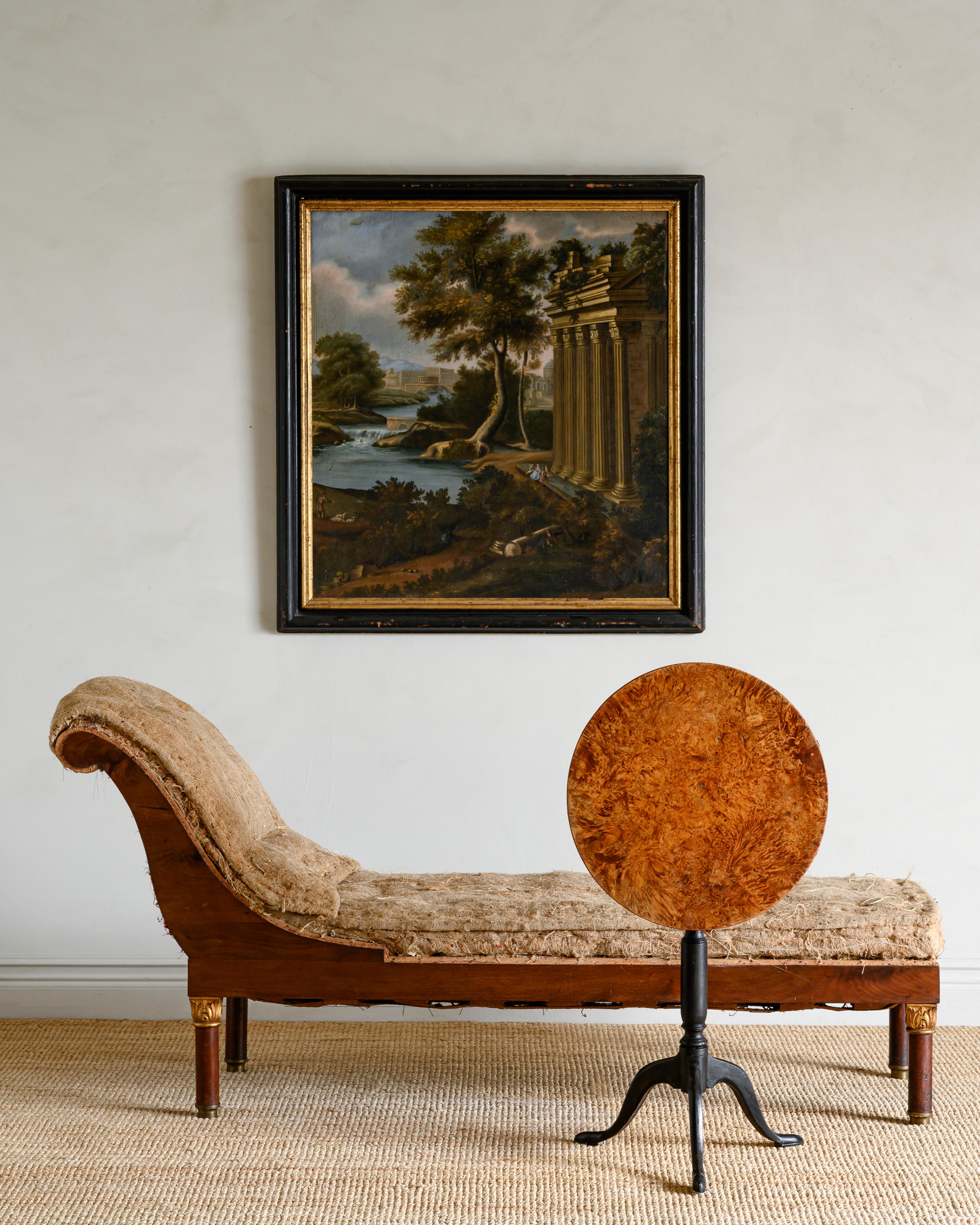Fine 19th century Swedish mahogany Empire chaise lounge, unupholstered in its original padding, circa 1830. 

Good original condition with wear consistent with age and use. Structurally good and sturdy. A detailed condition report is available on