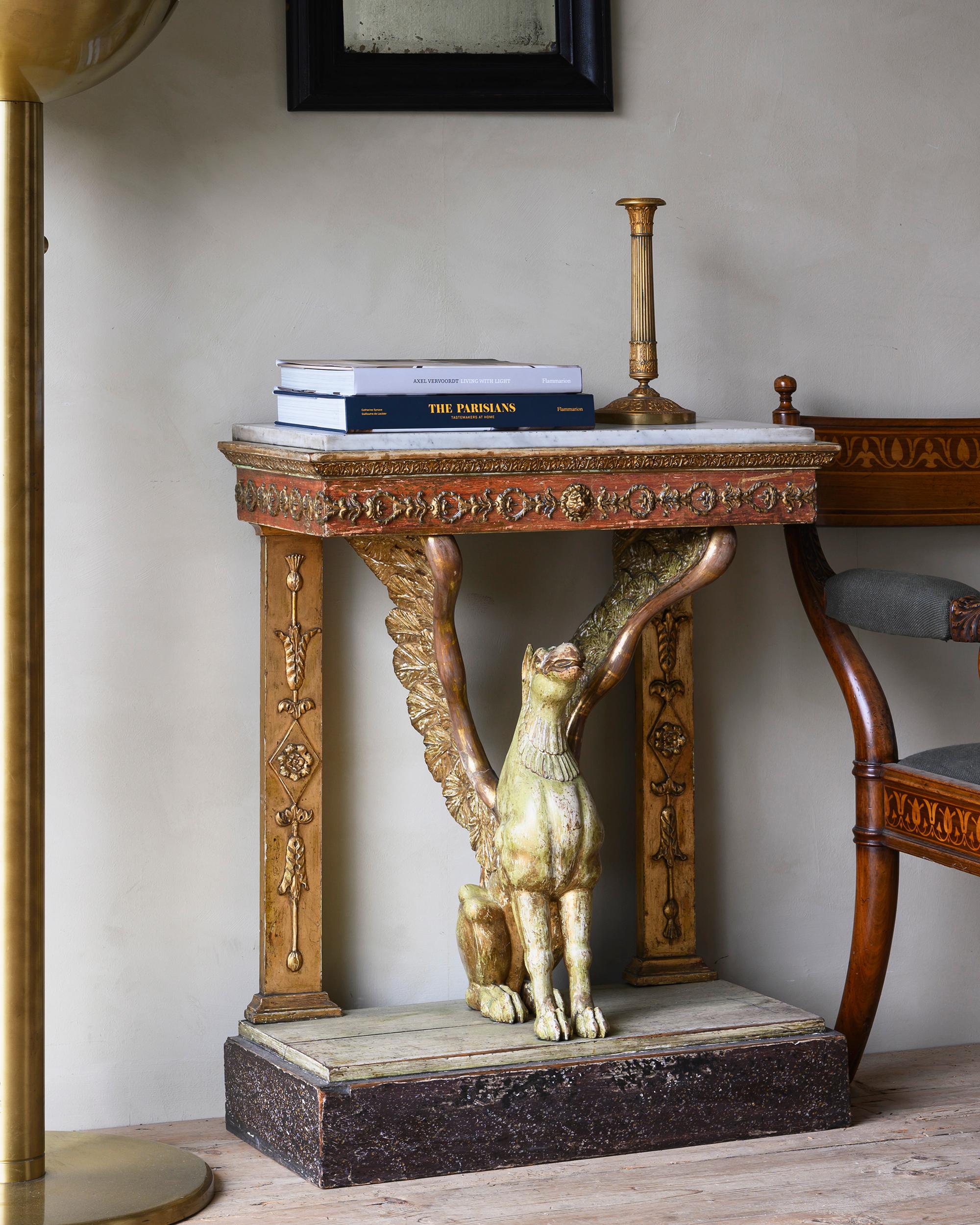 Extraordinary early 19th century Swedish Empire griffin console table with marble top in it's original condition. Ca 1820 Sweden.