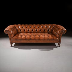 Fine 19th Century Victorian Walnut Leather Upholstered Chesterfield Sofa