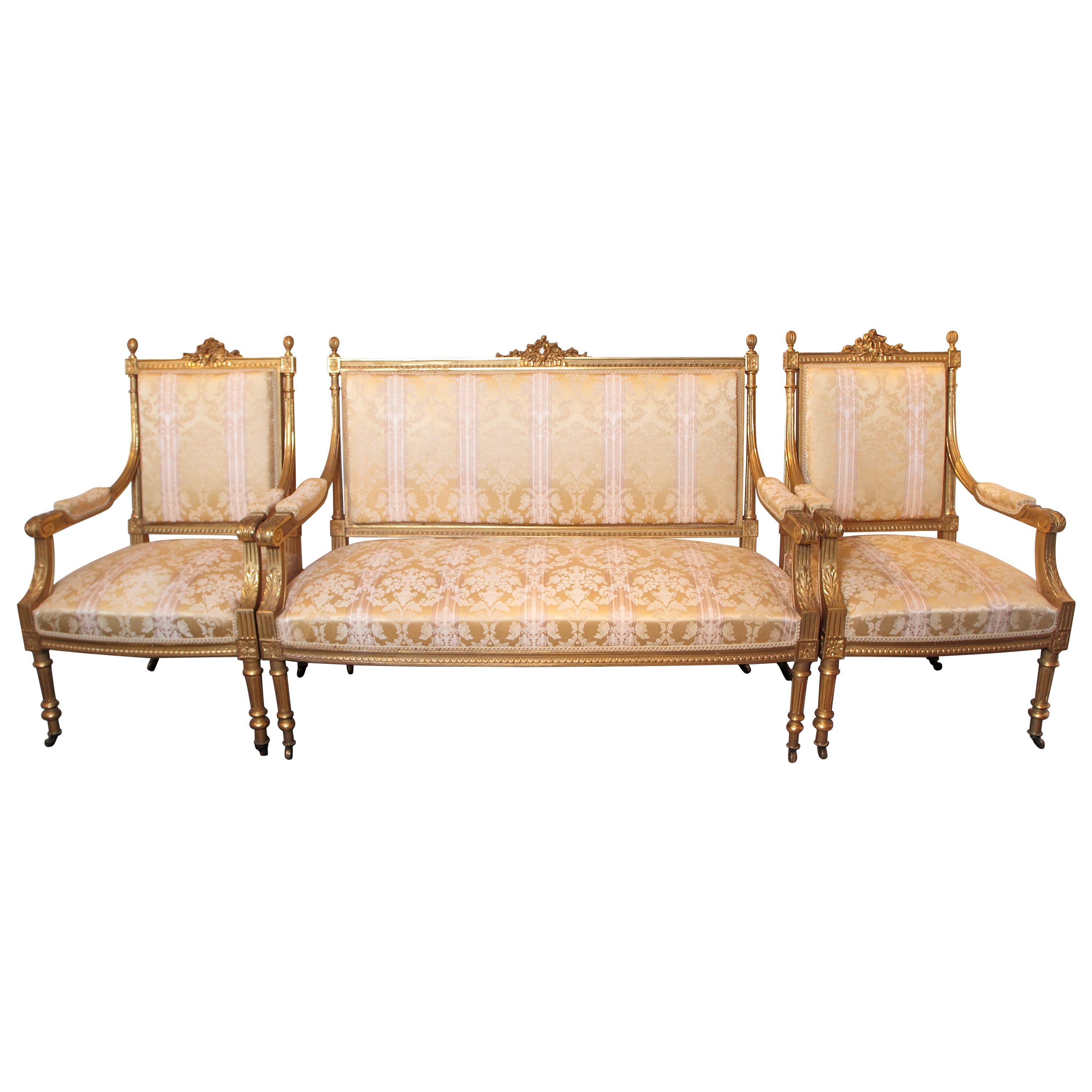 Fine 19th Century Water Gilt Louis XVI Three-Piece Suite of Furniture