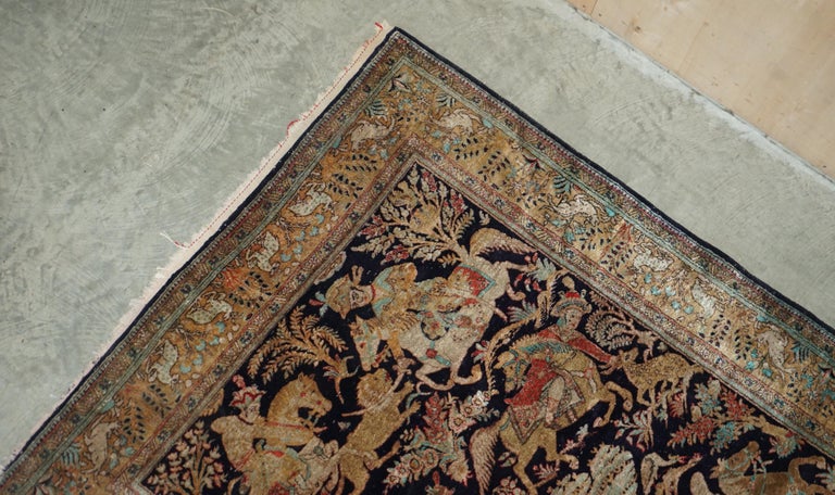 FINE 212XM X 138CM ANTiQUE KASHMIRI HUNTING RUG MULTI COLOURED FIGHTING ...
