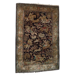 FINE 212XM X 138CM ANTiQUE KASHMIRI HUNTING RUG MULTI COLOURED FIGHTING SCENES