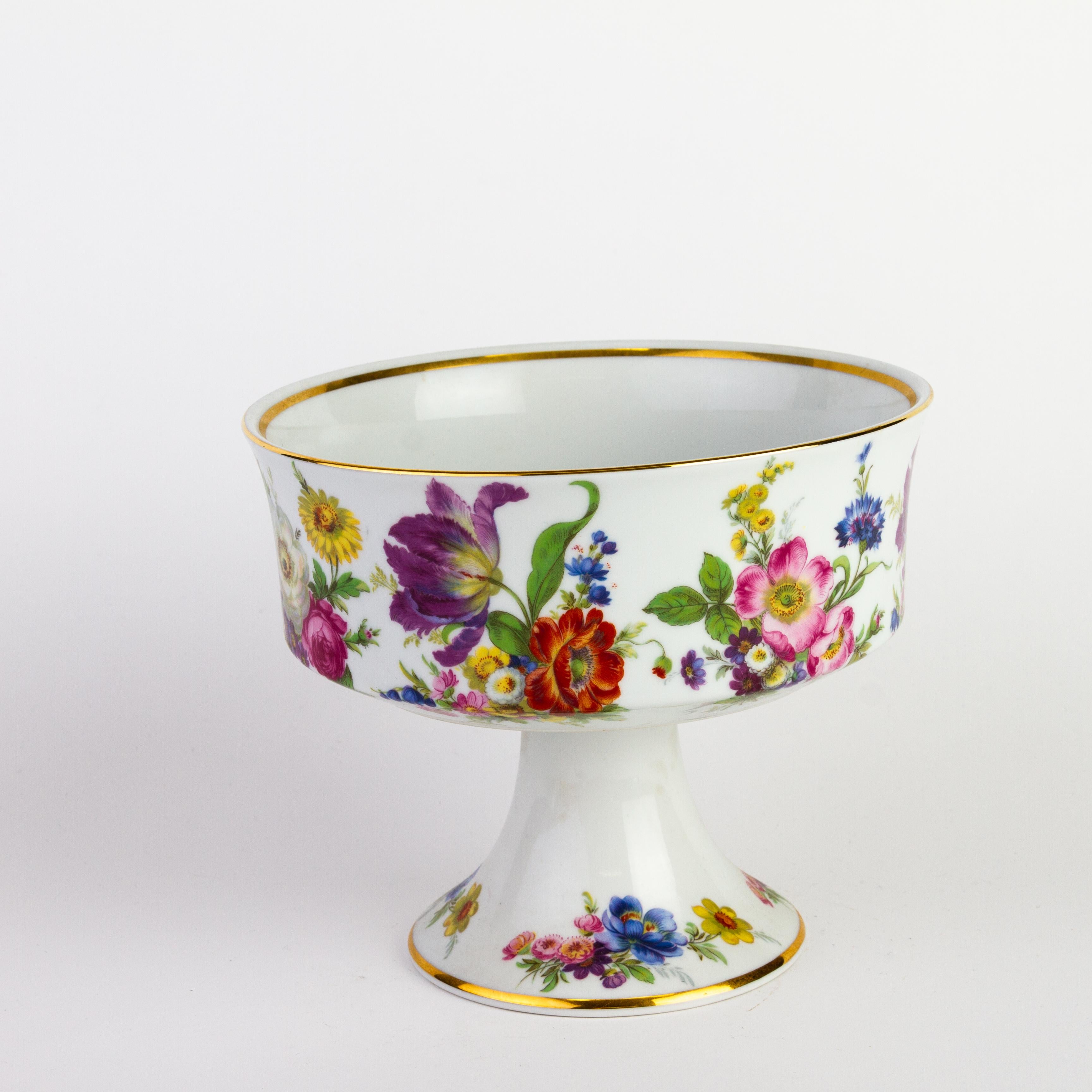 20th Century Fine 24KT Gold Hand Painted Porcelain Floral Comport Centerpiece Bomboniere  For Sale