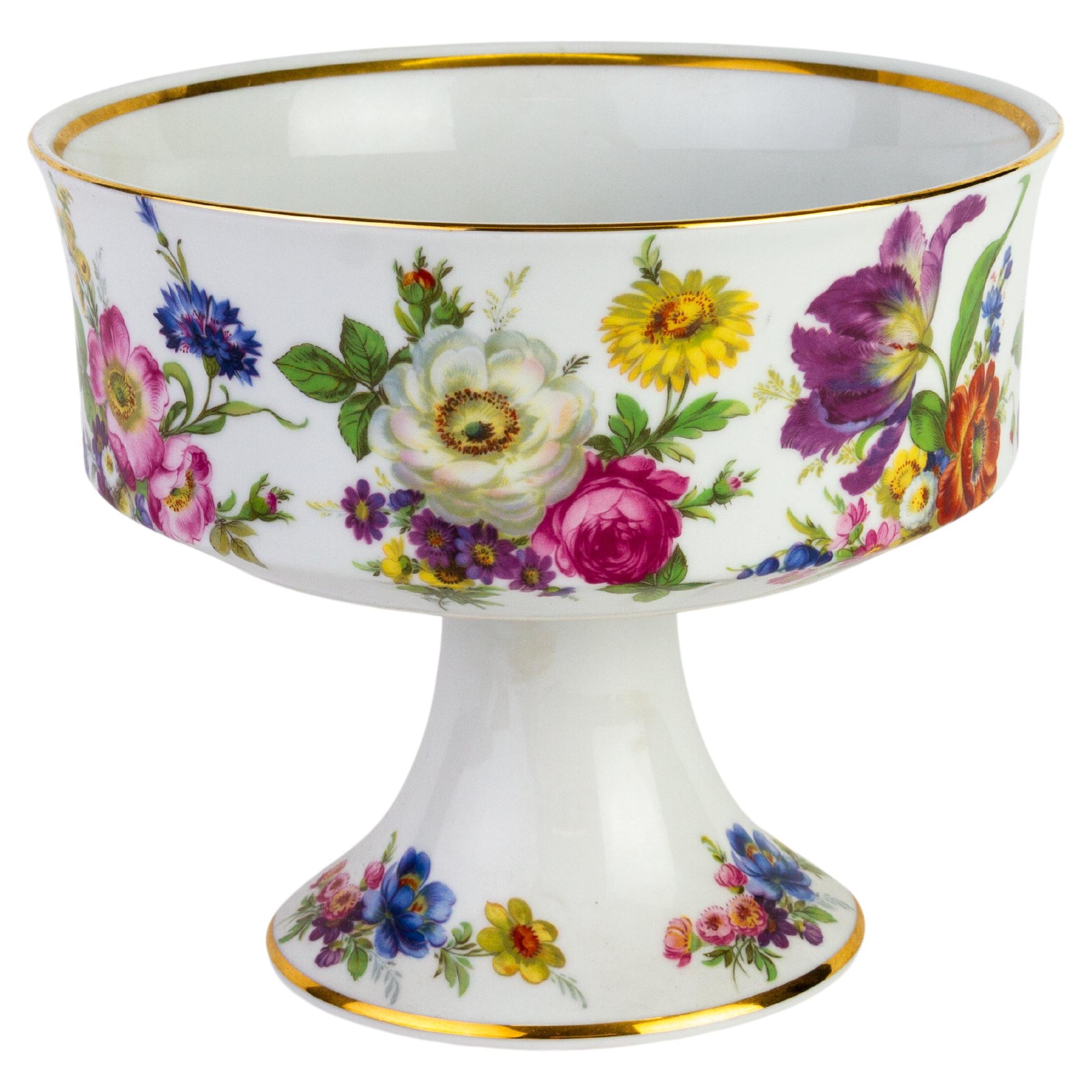 Fine 24KT Gold Hand Painted Porcelain Floral Comport Centerpiece Bomboniere  For Sale