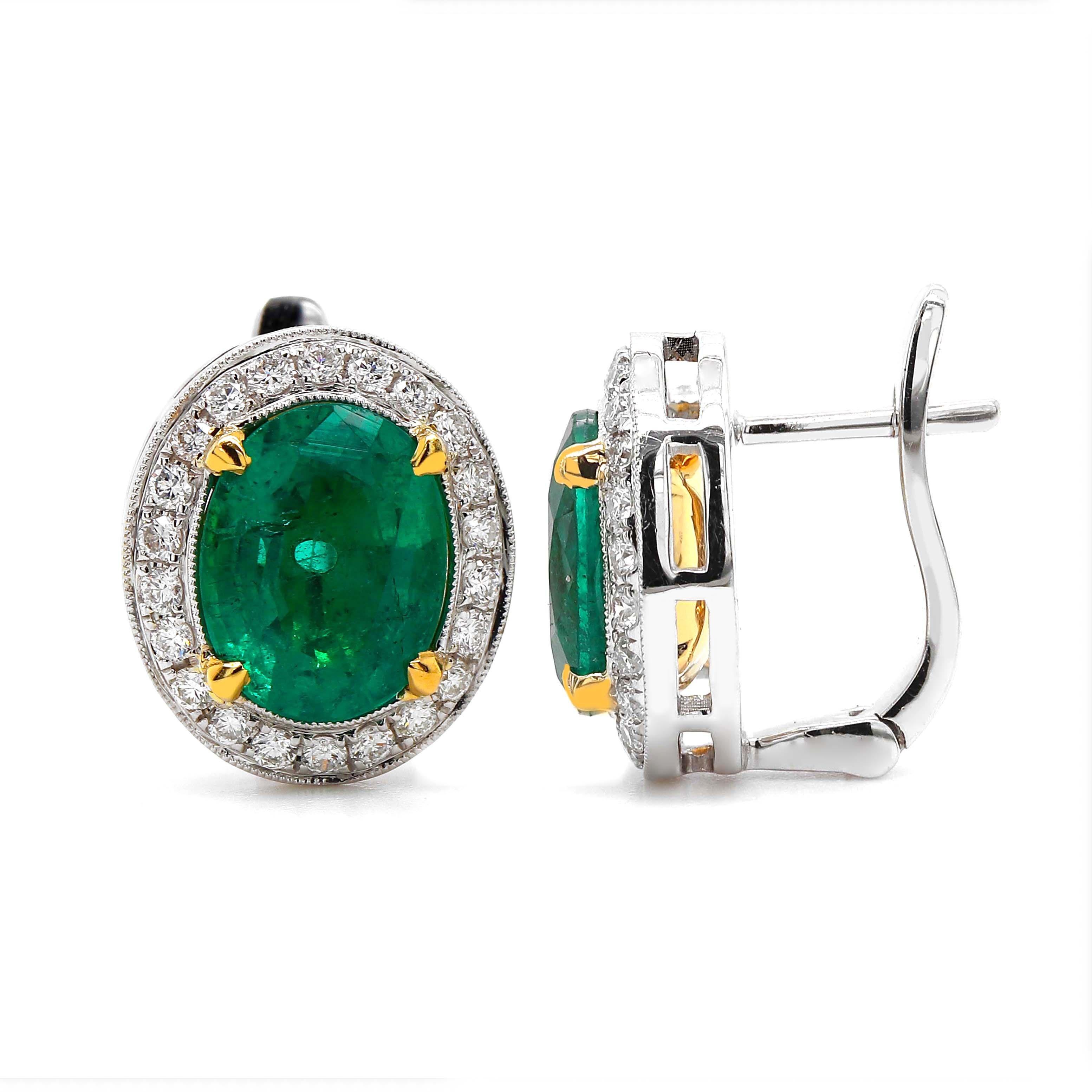 Oval Cut Fine 2.50 Carat Oval Emeralds and Diamond Earrings For Sale
