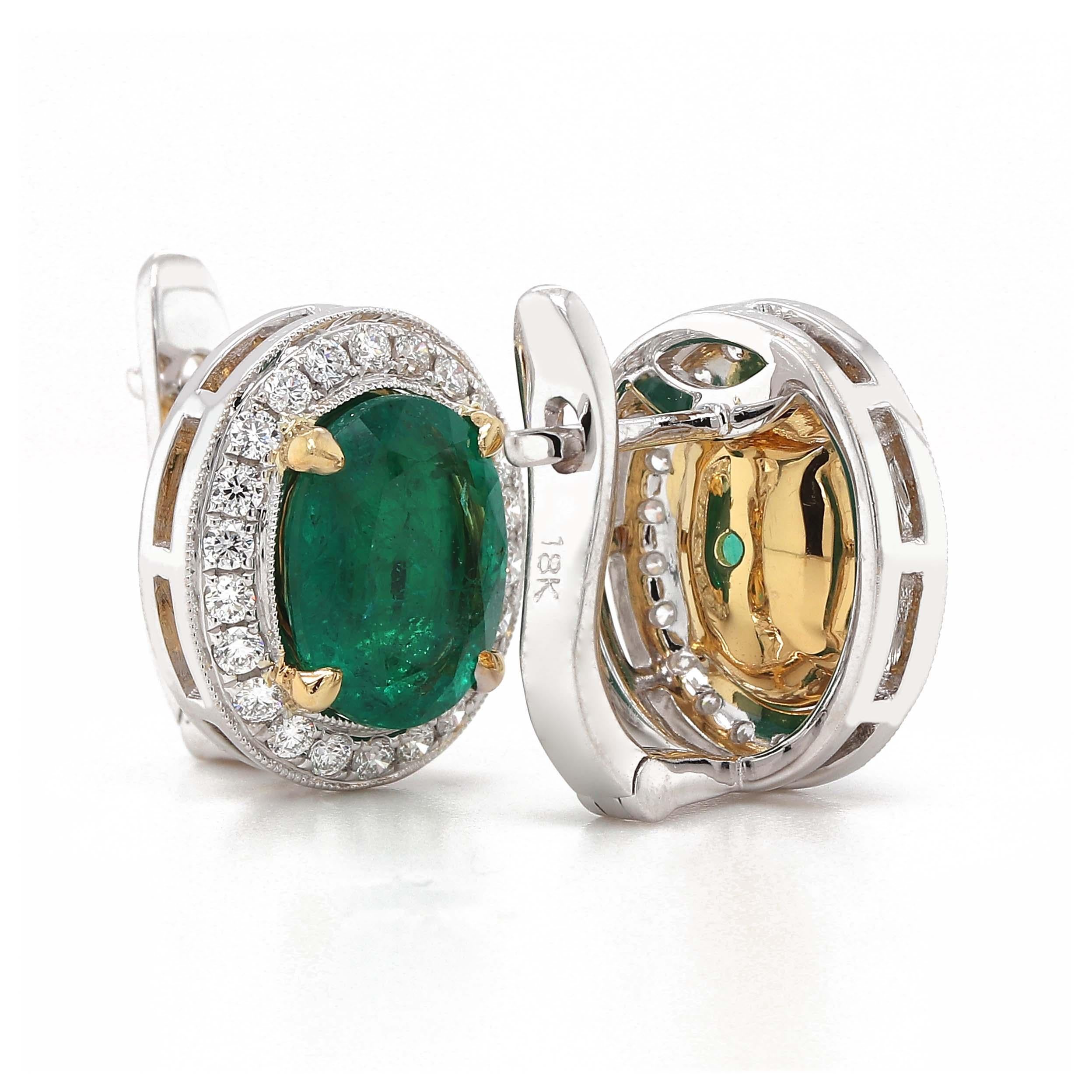 Fine 2.50 Carat Oval Emeralds and Diamond Earrings In New Condition For Sale In Houston, TX