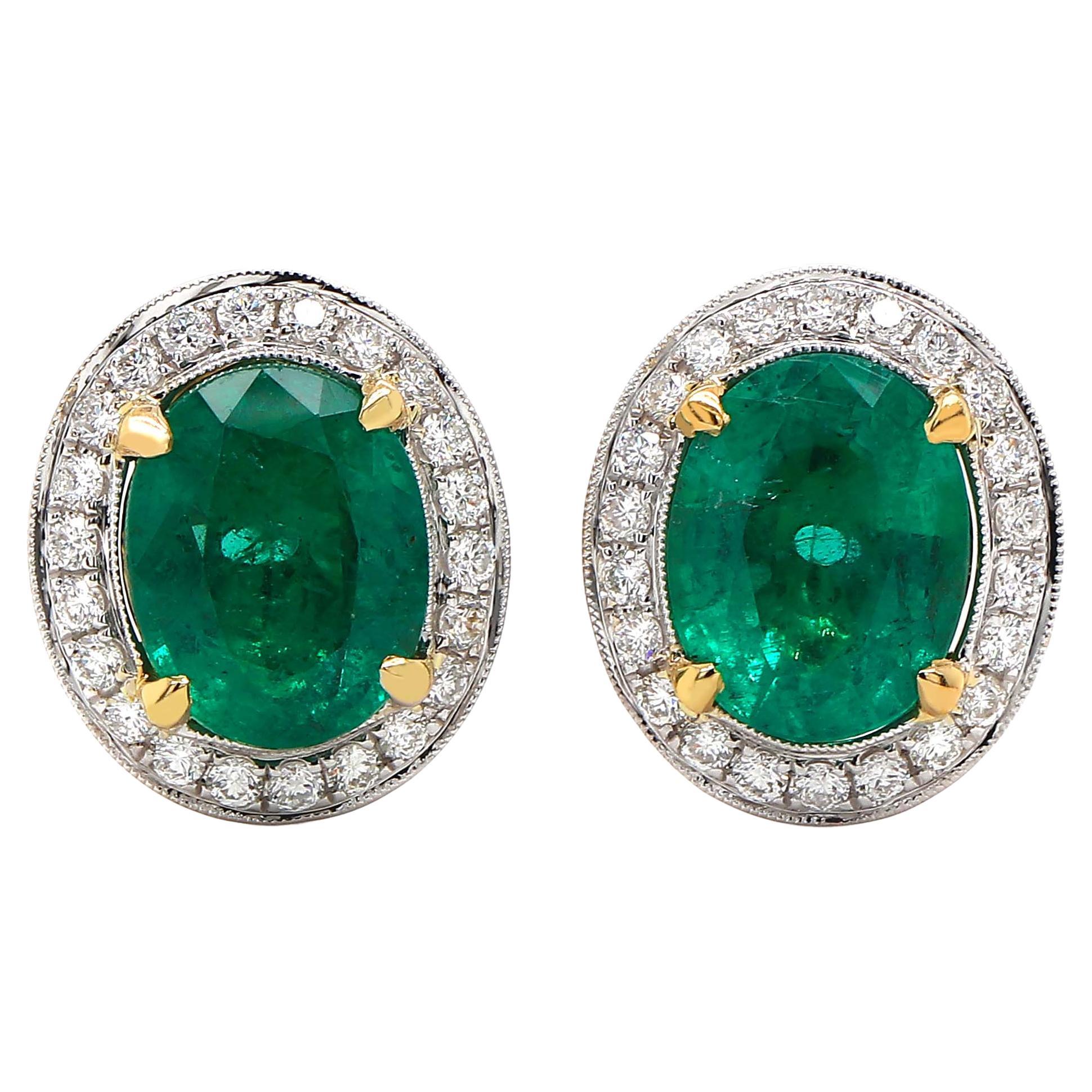 Fine 2.50 Carat Oval Emeralds and Diamond Earrings For Sale