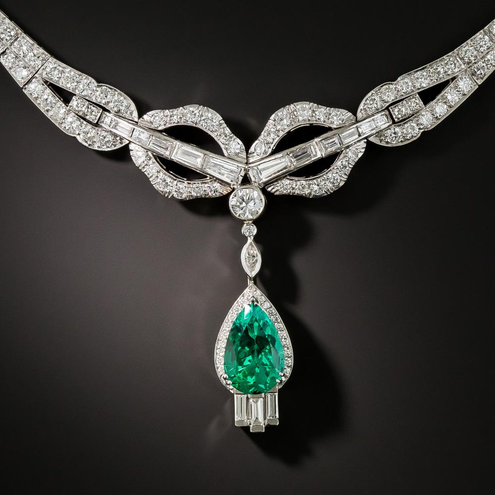 Are you ready for some full-on (but quite tasteful) glamour? If so, look no further than this resplendent and utterly ravishing, red carpet-worthy jewel. A stunning, extra fine (crystal clear), Colombian  carat pear-shaped emerald, weighing 2.97
