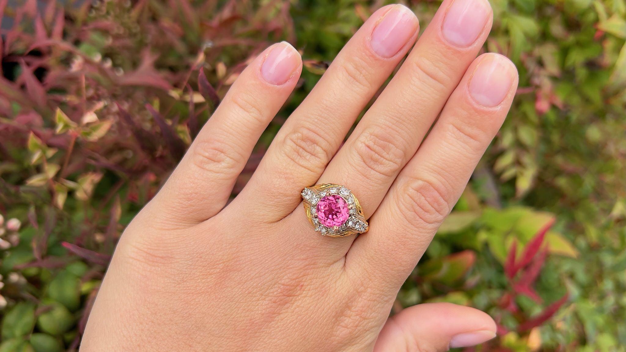 Fine Pink Sapphire = 3 Carat
Diamonds = 0.60 Carats
(Color: F, Clarity: VS)
Metal: 14K Gold
Ring Size: 7.25 US
Jewelry Gift Box Included