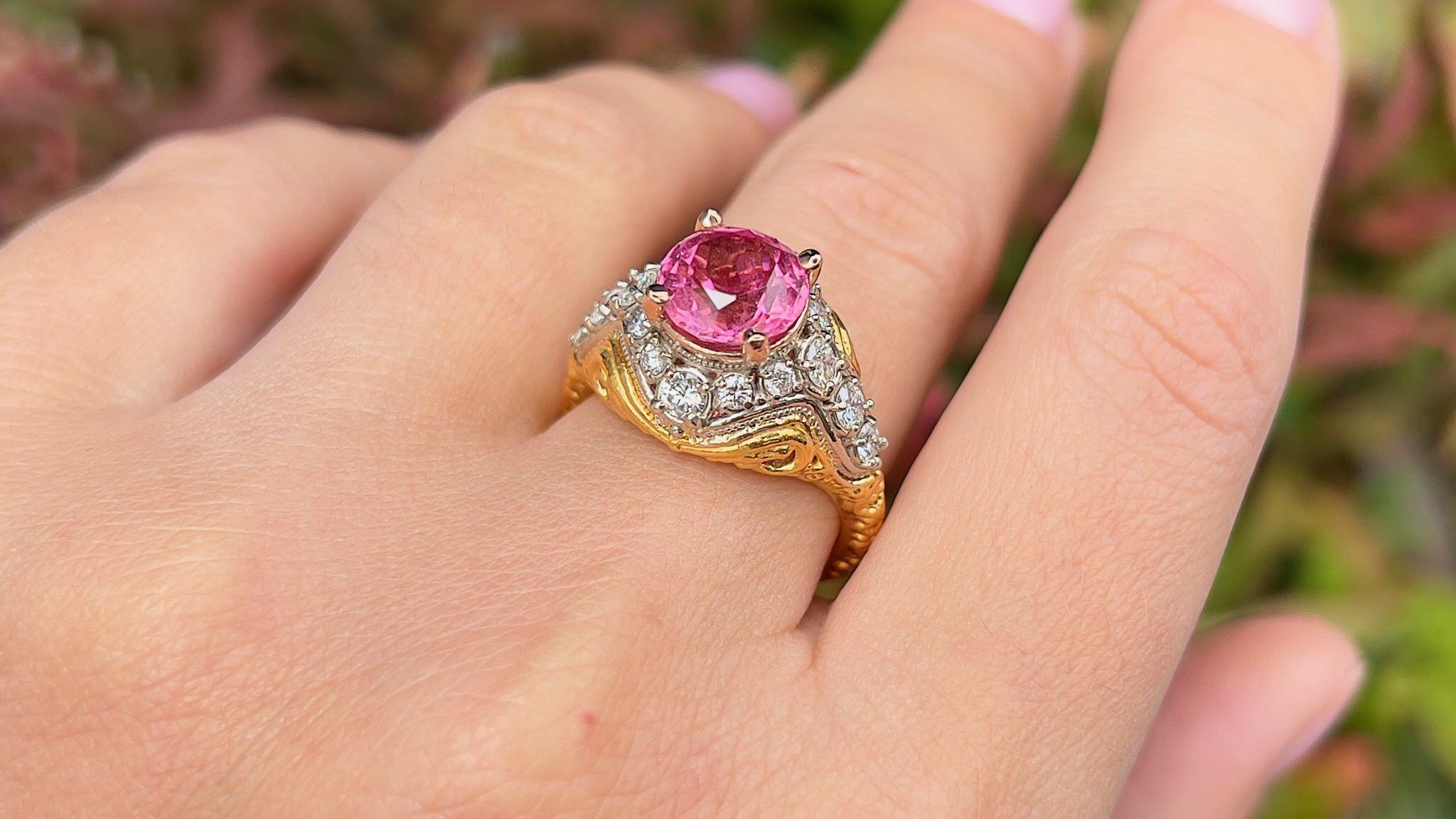 Round Cut Fine 3 Carat Pink Sapphire Ring Set with Diamonds 14k Gold 