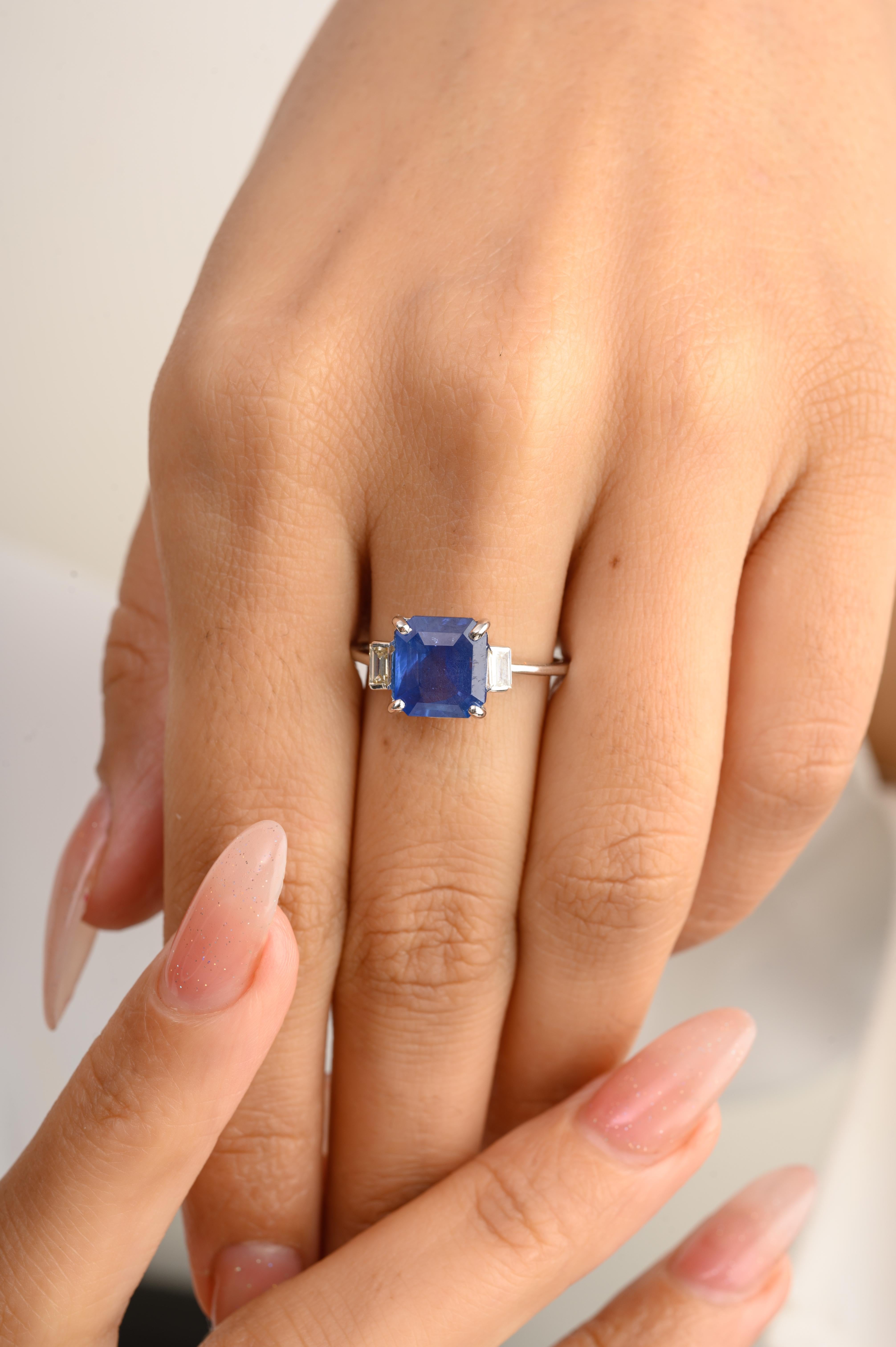 For Sale:  Fine 3.08 CTW Square Blue Sapphire Diamond Engagement Ring in 14k White Gold 2