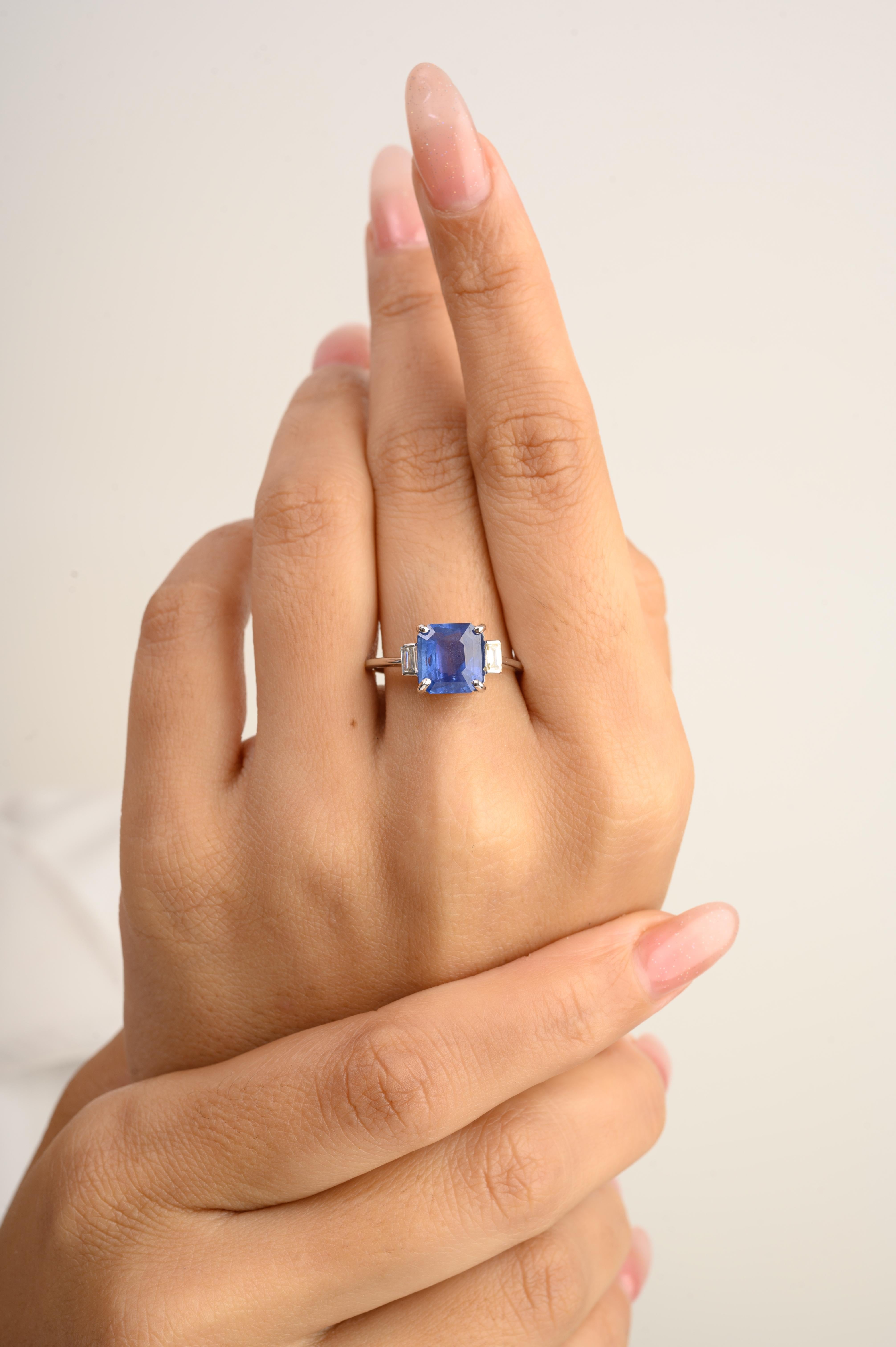 For Sale:  Fine 3.08 CTW Square Blue Sapphire Diamond Engagement Ring in 14k White Gold 4