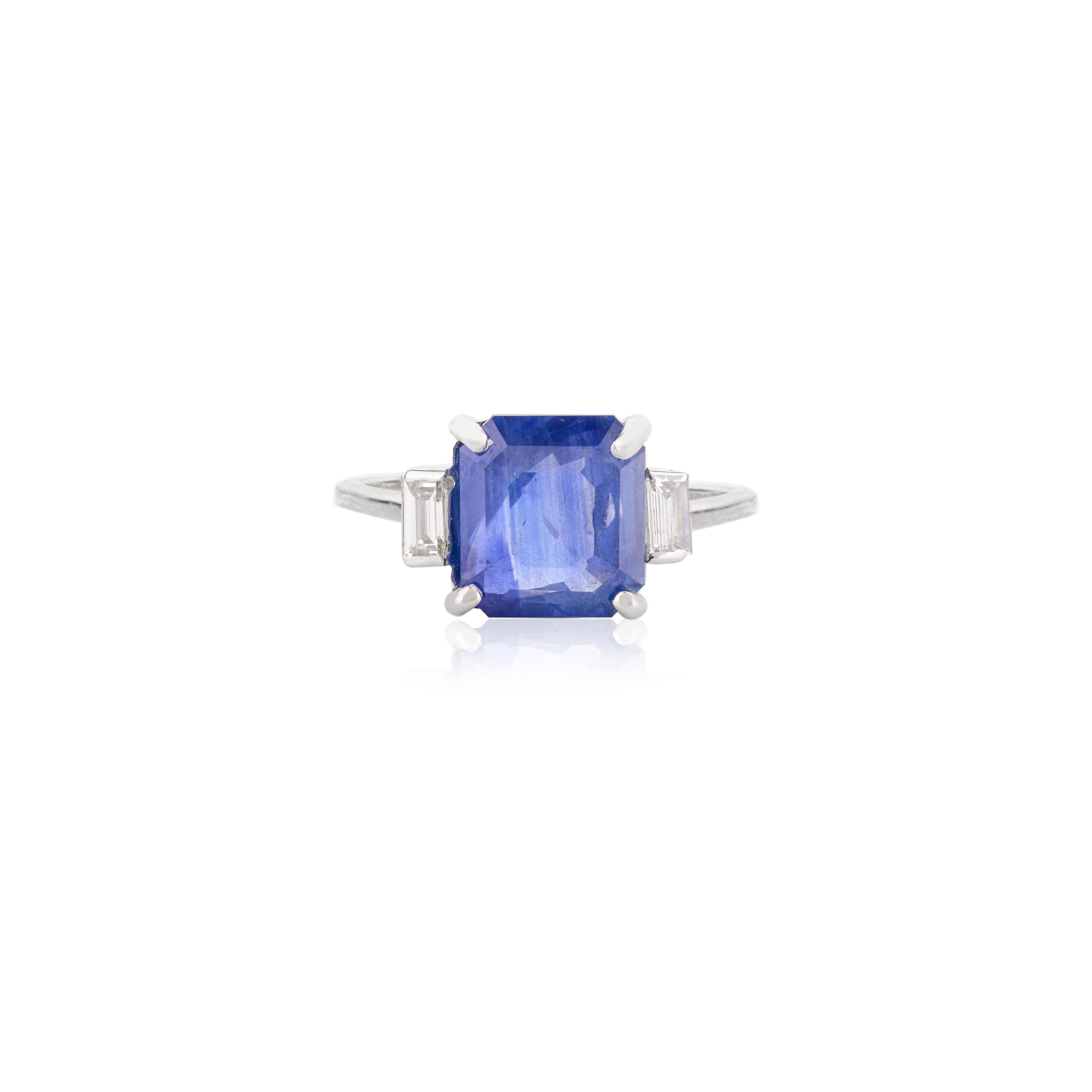 For Sale:  Fine 3.08 CTW Square Blue Sapphire Diamond Engagement Ring in 14k White Gold 8