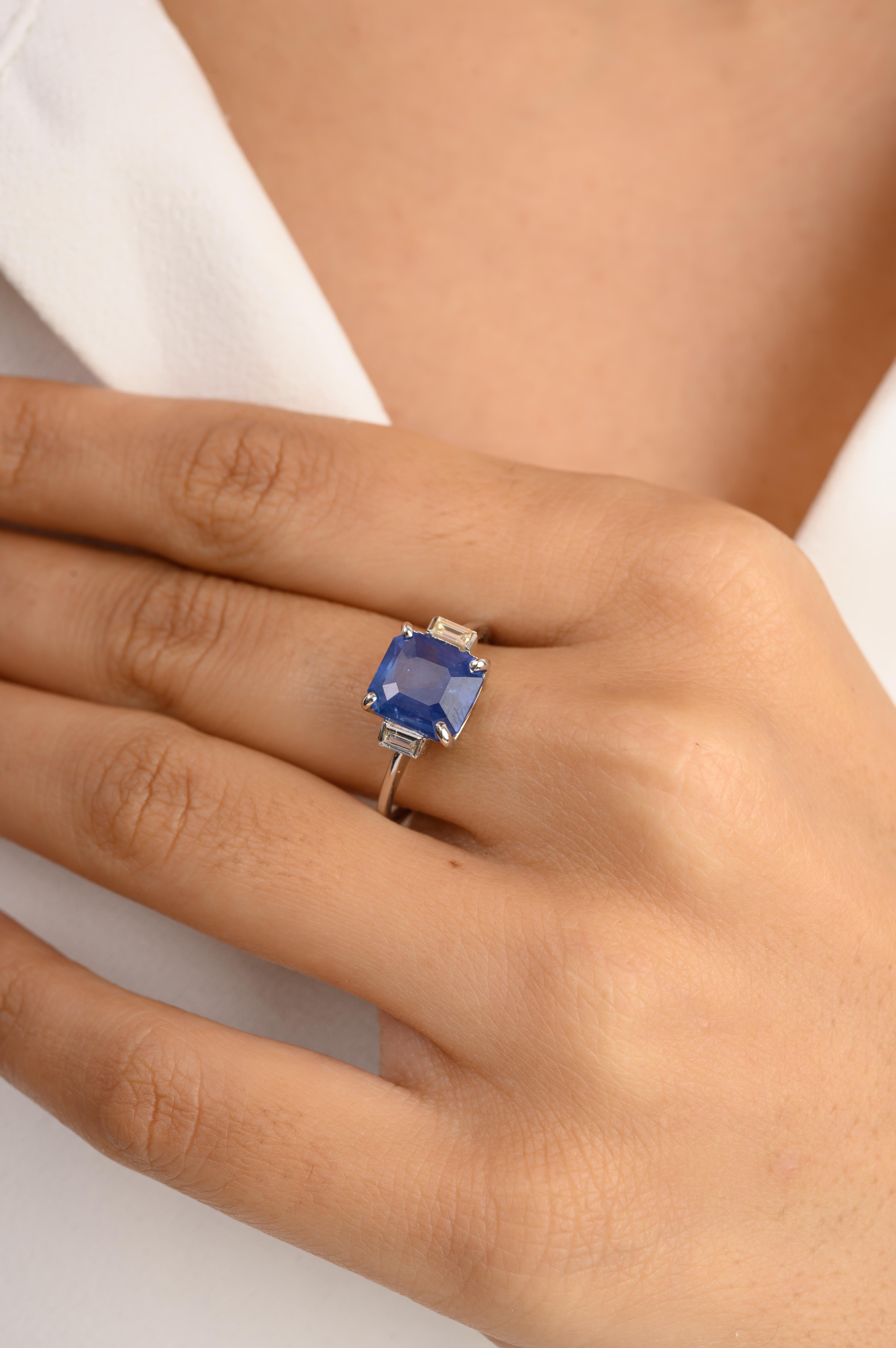 For Sale:  Fine 3.08 CTW Square Blue Sapphire Diamond Engagement Ring in 14k White Gold 6