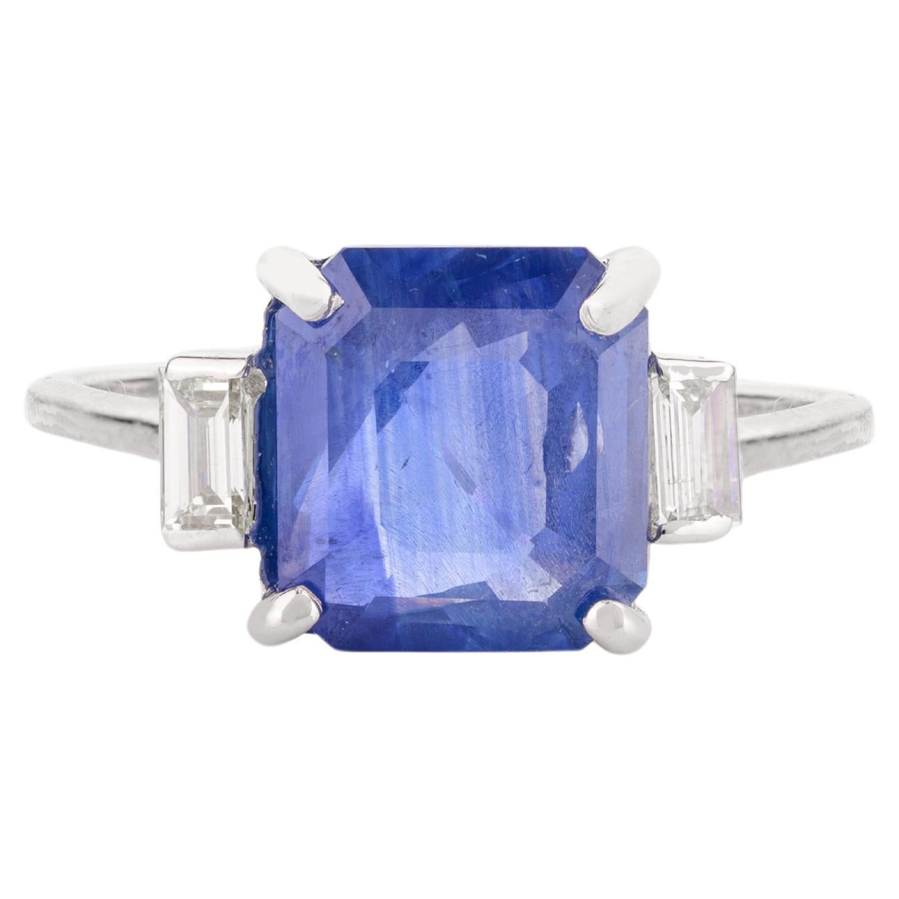 For Sale:  Fine 3.08 CTW Square Blue Sapphire Diamond Engagement Ring in 14k White Gold
