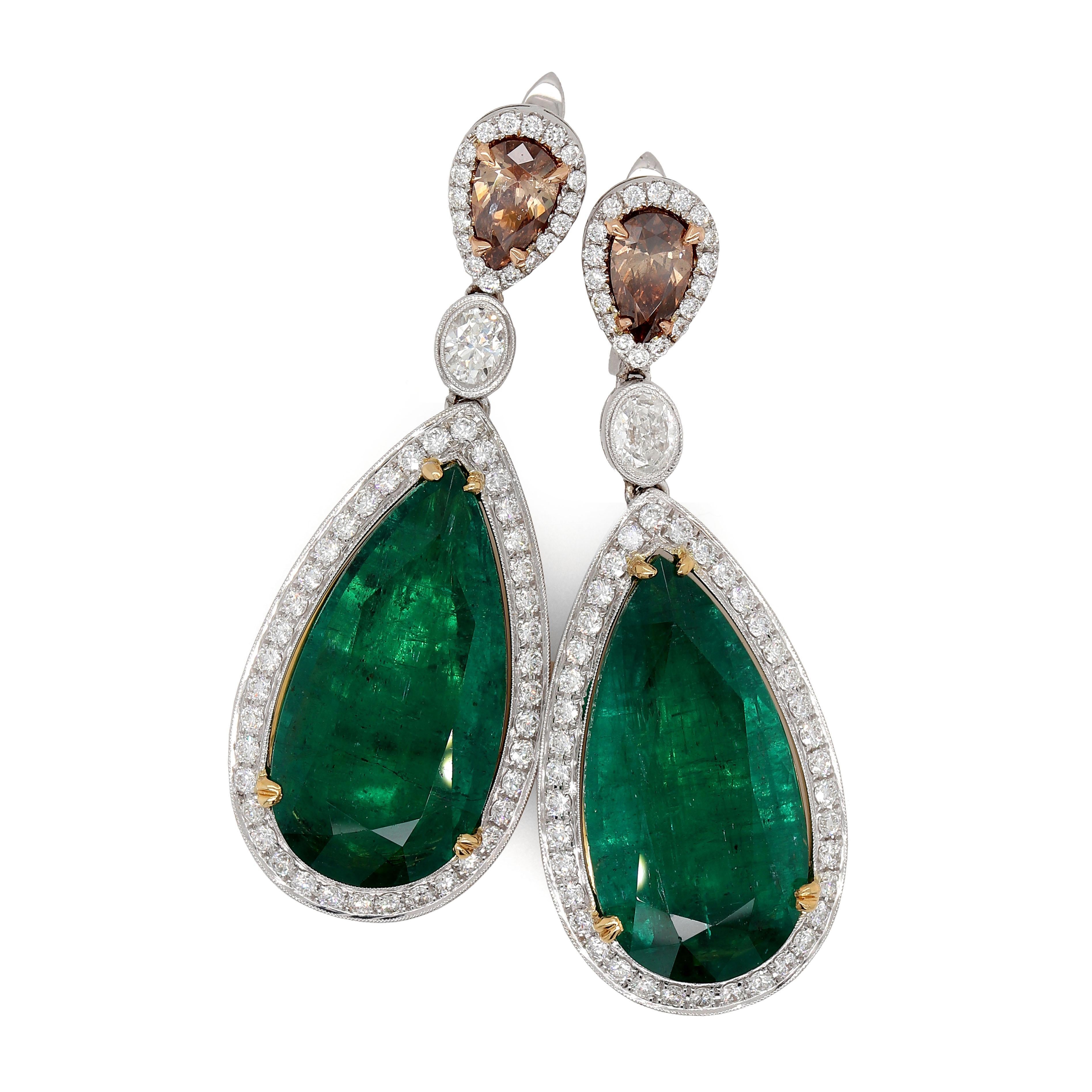 Fine 33.07 Carat Pear Shape Emeralds and Diamond Earrings In New Condition For Sale In Houston, TX