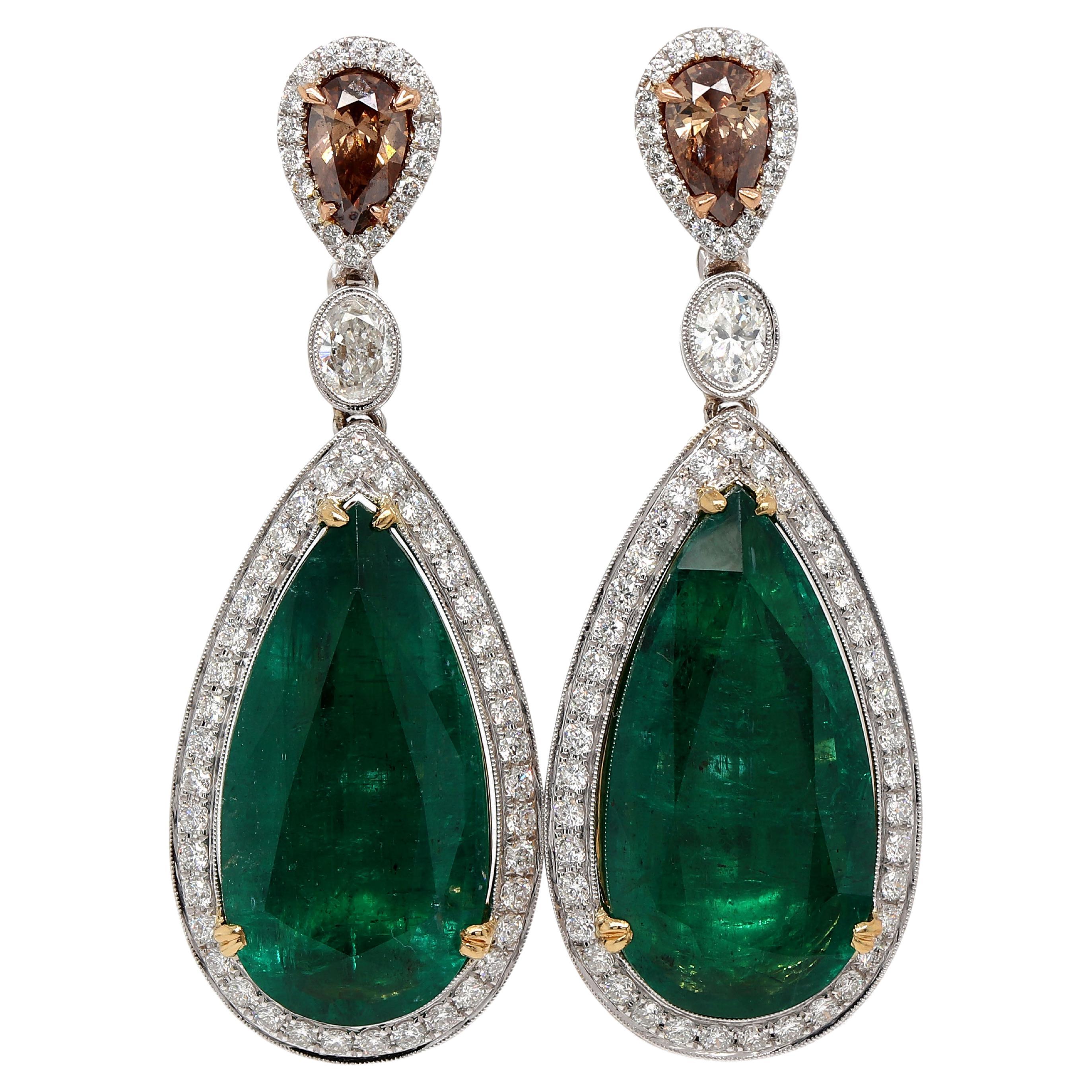 Fine 33.07 Carat Pear Shape Emeralds and Diamond Earrings For Sale