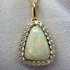 FINE 3.57ct Australian Coober Pedy Opal Diamond 18k Yellow Gold Pendant Necklace
