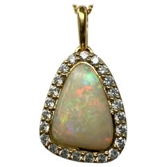 FINE 3.57ct Australian Coober Pedy Opal Diamond 18k Yellow Gold Pendant Necklace