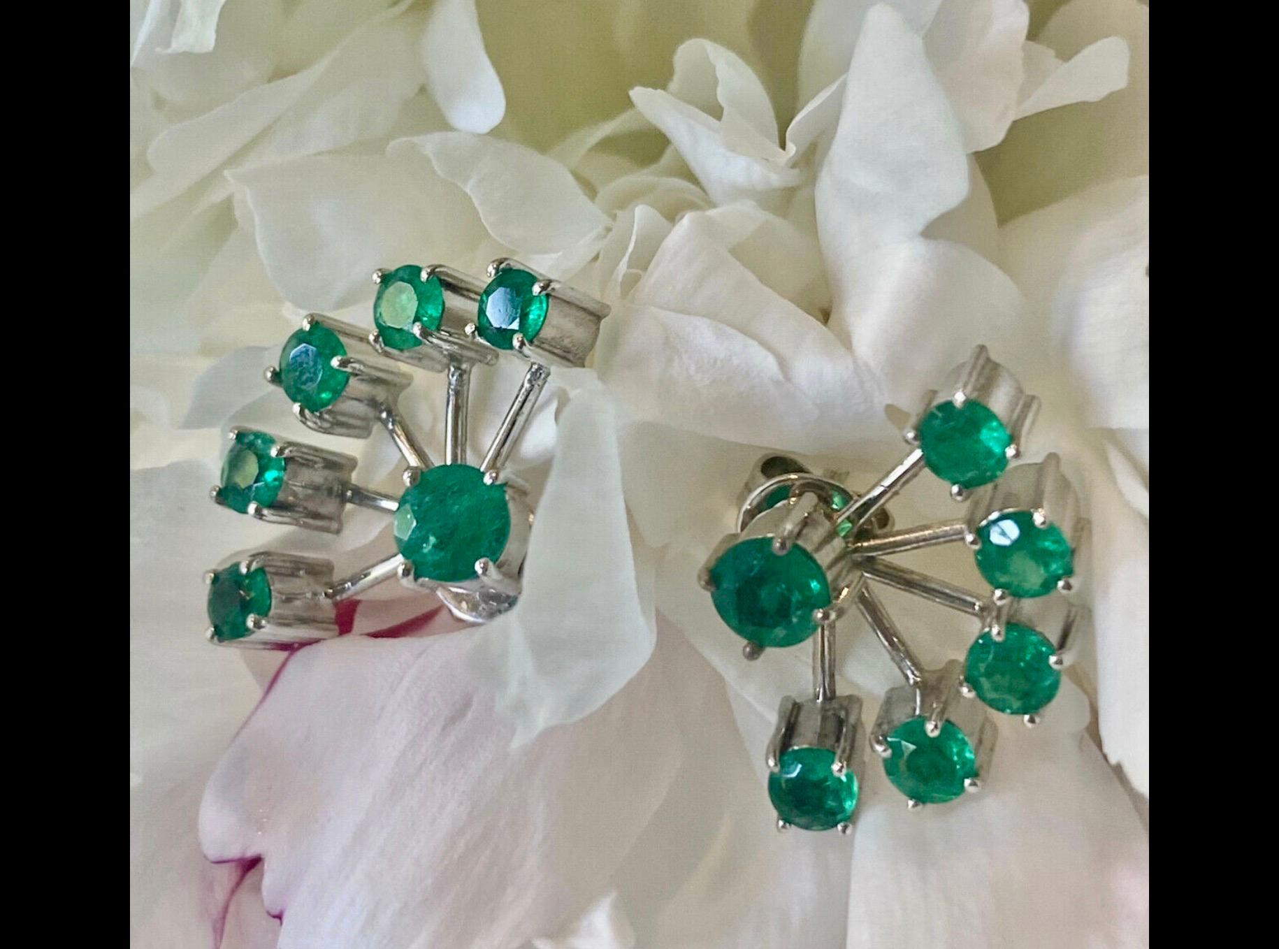 
Beautiful & Modern Handmade pair of Colombian emerald stud earrings with Jackets ( Can be exchanged with other stud earrings, looks great with diamonds). 
Natural Colombian Emeralds round cut approx. 2.10 Carats each earring included Jackets
Studs