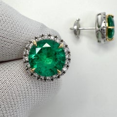 Fine 4.57ct GIA Certified Vivid Green Emerald & Diamond Gold Halo Earring Studs