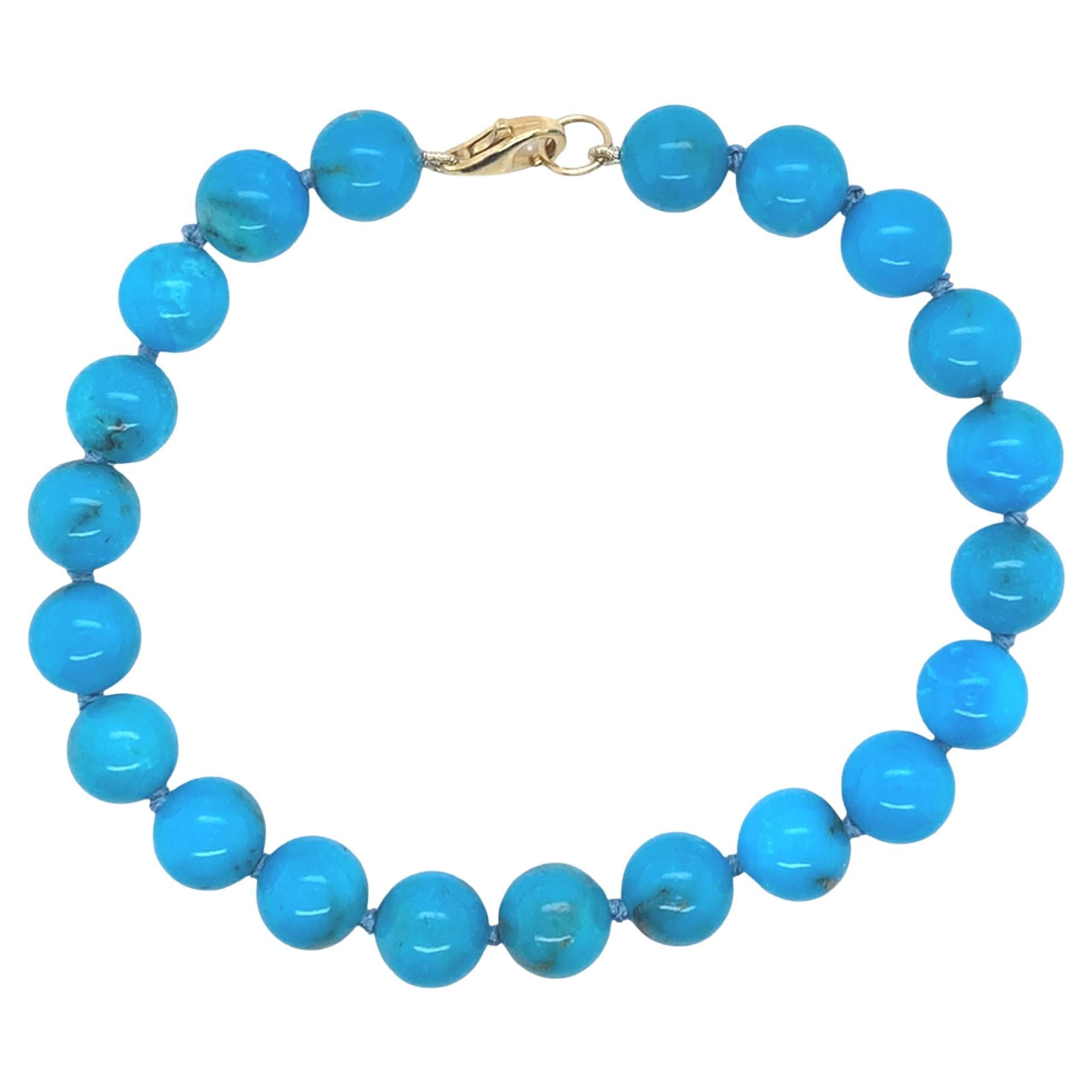 Fine 8mm Ithaca Peak Blue Turquoise Bead Bracelet 7.5" with 14K lobster clasp For Sale