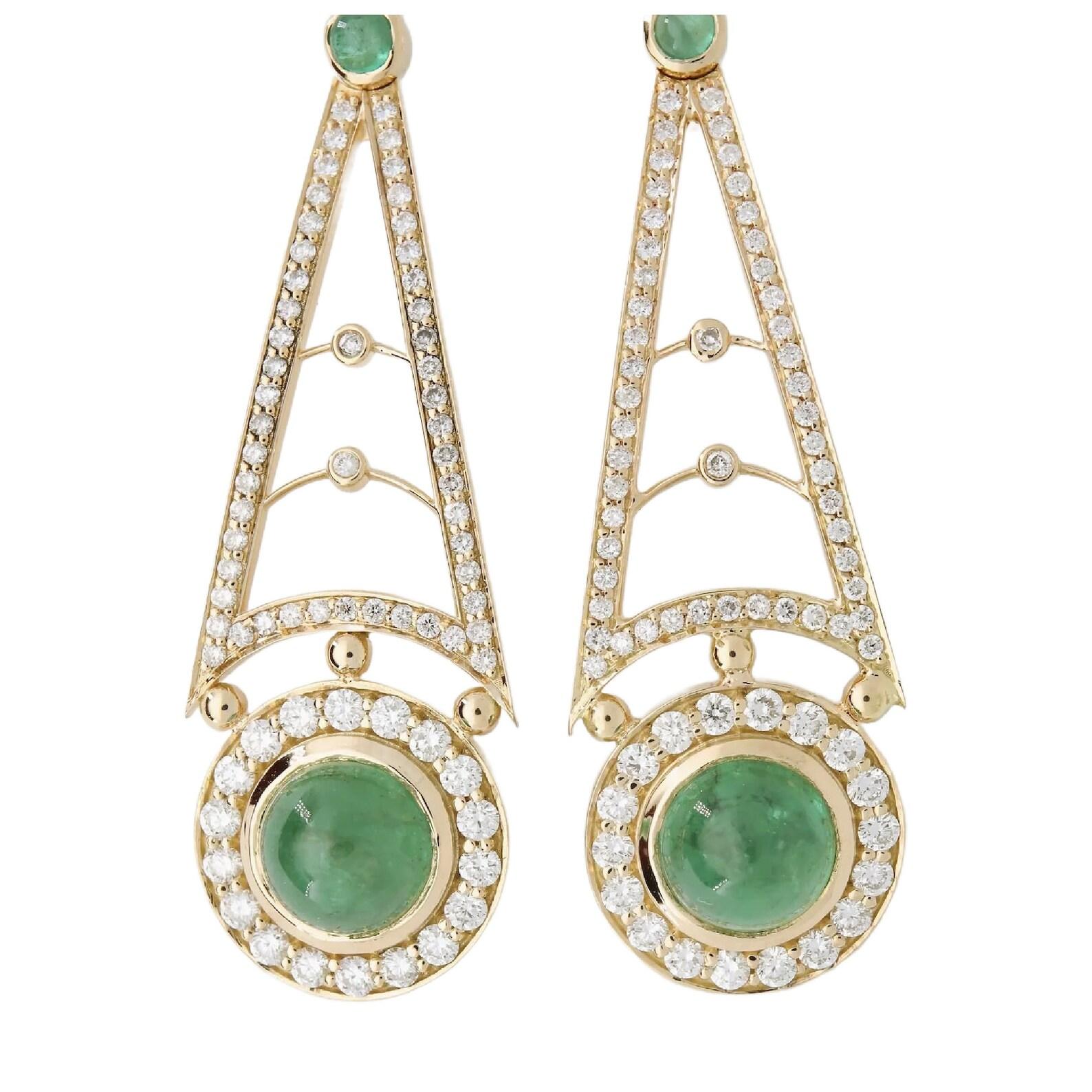 A pair of fine Colombian emerald, and brilliant cut diamond earrings in 18 karat gold. Featuring cabochon cut emerald drops encircled by brilliant cut diamonds, and suspended from pave set diamonds accented by further bezel set emeralds. Centering