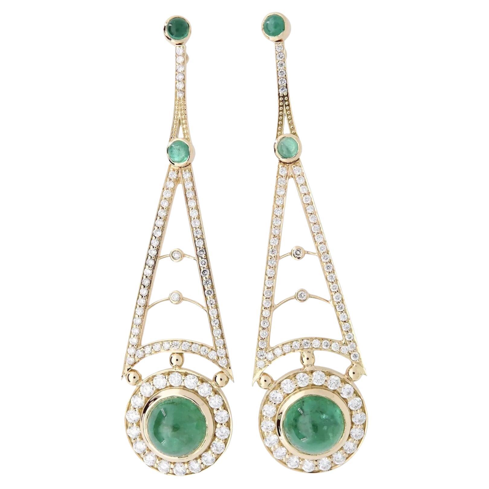 Fine 9.46Ctw Colombian Emerald & Diamond Dangle Earrings in 18K Yellow Gold For Sale