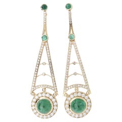 Vintage Fine 9.46Ctw Colombian Emerald & Diamond Dangle Earrings in 18K Yellow Gold