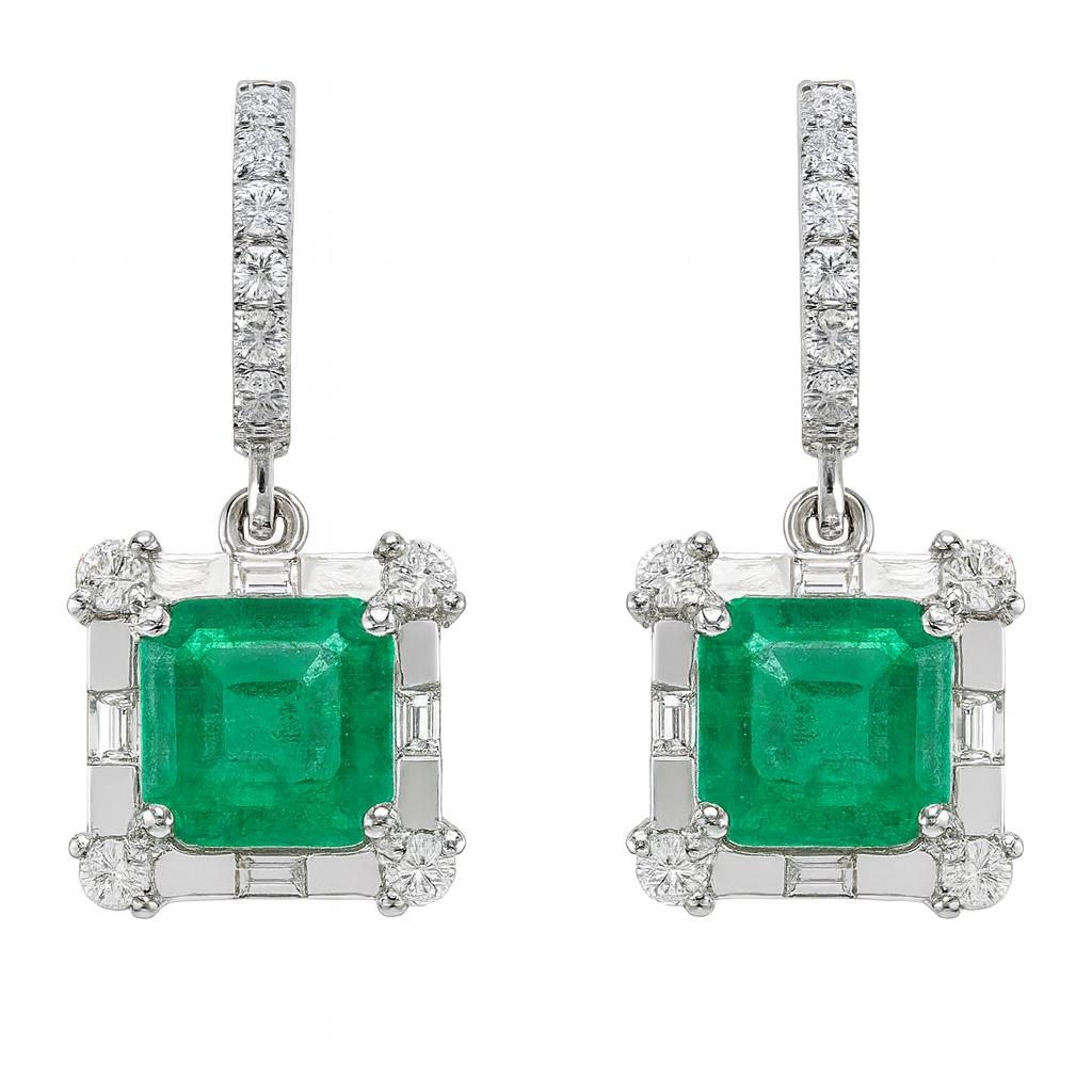 Fine AAAA+ Colombian Emerald & Diamond Dangle Earrings

At the center are two AAAA+ natural Colombian emeralds, each displaying a vivid medium-dark green color with exceptional clarity and brilliance:

Emerald weighing 4.46 carats (9.48 × 9.45 ×