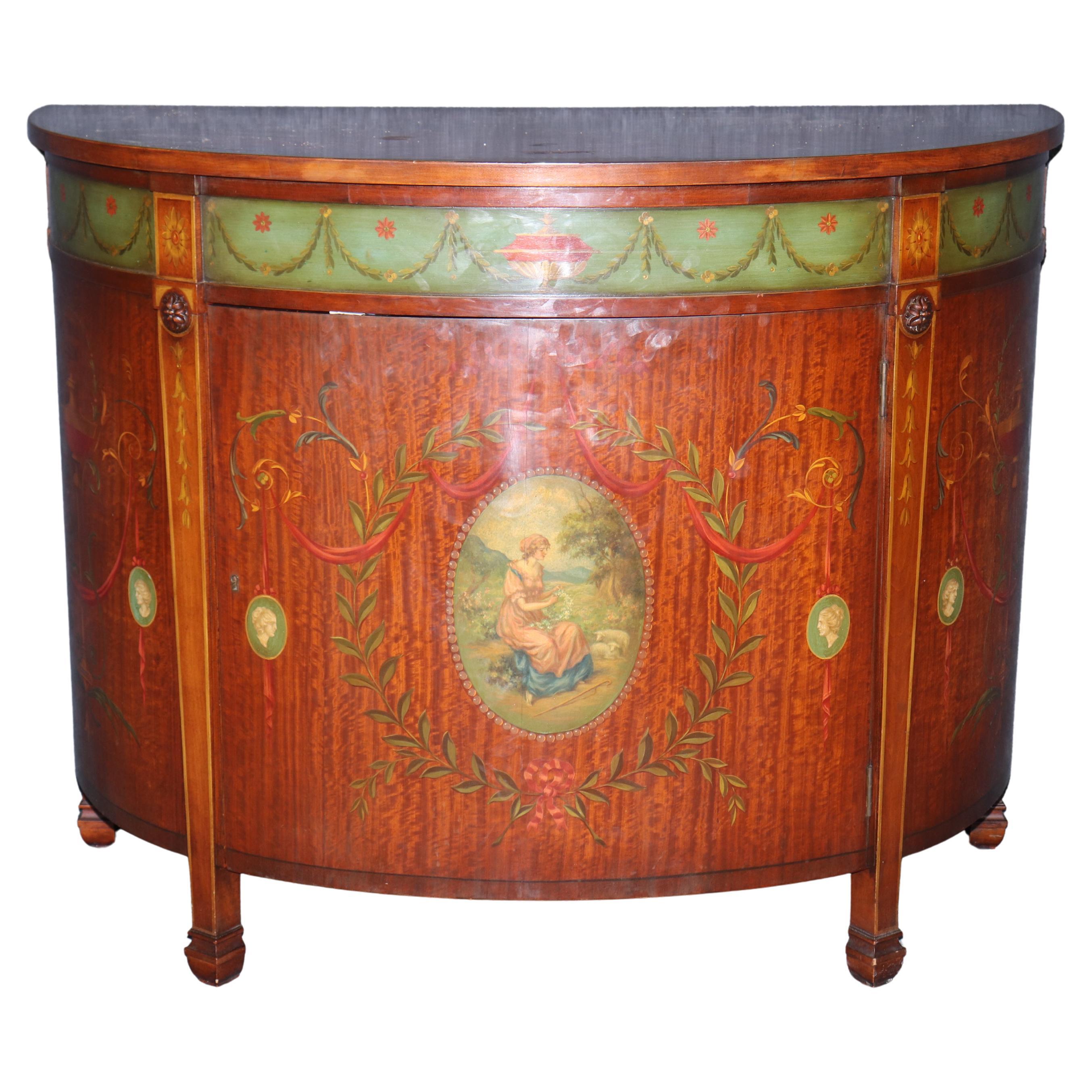 Fine Adams Paint Decorated Satinwood Figural Painted Commode Buffet Server